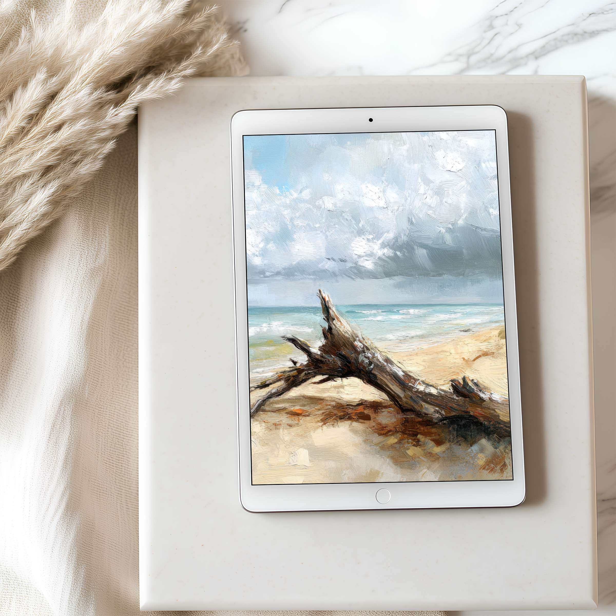 Calming tablet wallpaper featuring an elegant seascape painting with driftwood motif in high resolution, perfect for iPad download