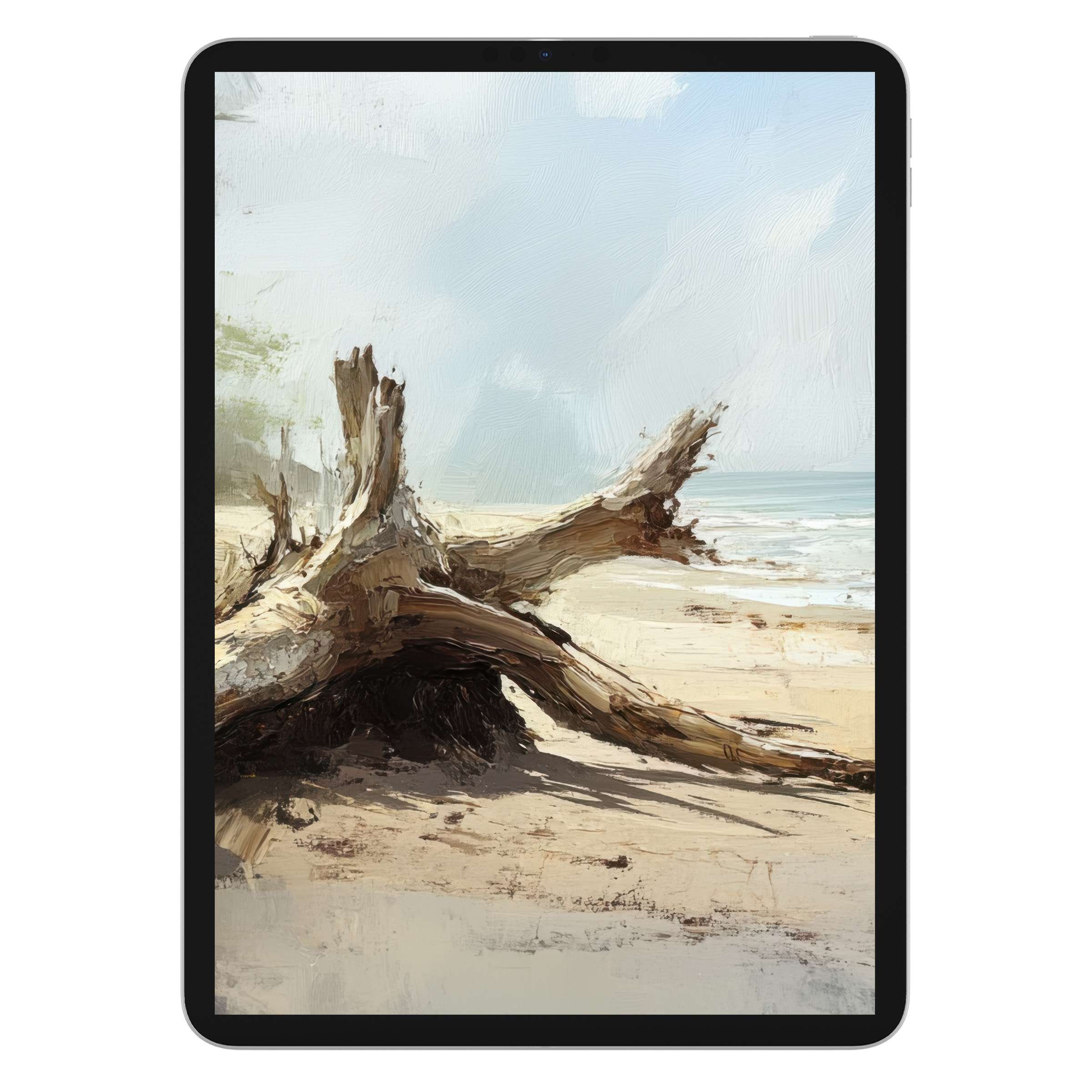 Serene beach iPad wallpaper digital download offers an elegant driftwood scene, perfect for tablet background, enhancing tranquility