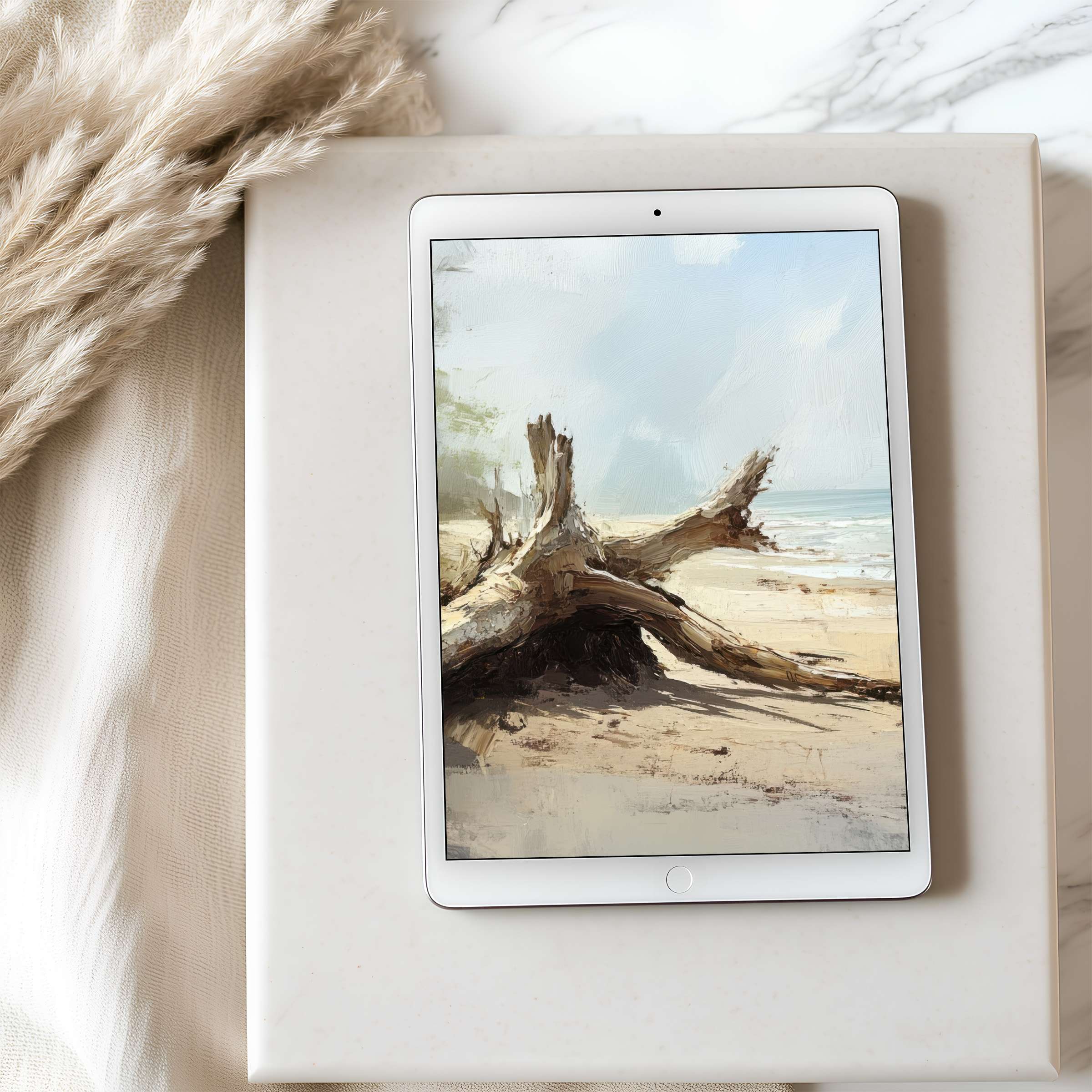 Serene driftwood beach scene as tablet wallpaper, perfect for iPad and Android tablets, offering high-resolution tranquility and elegance