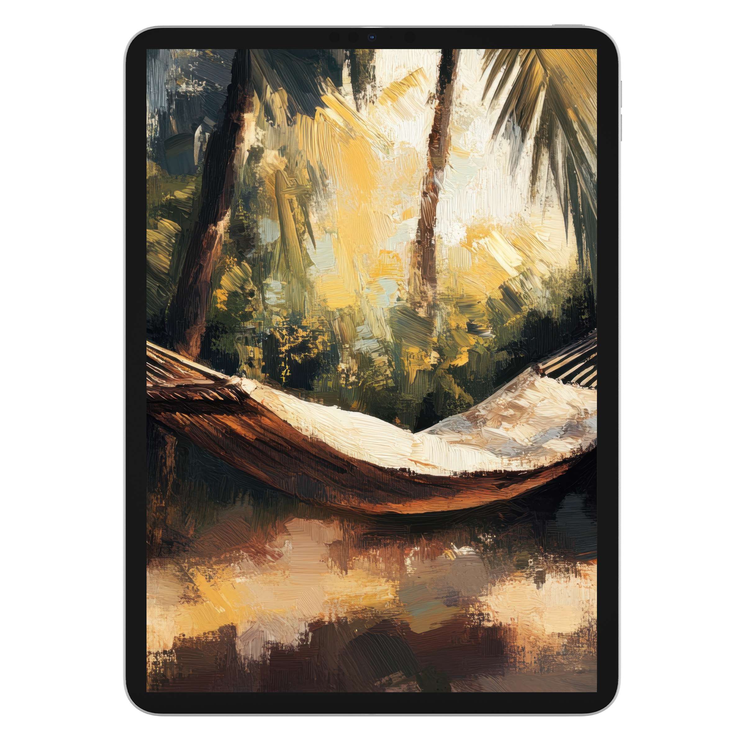 Elegant beach iPad wallpaper showcasing a serene hammock scene, perfect for calming digital download tablet background art