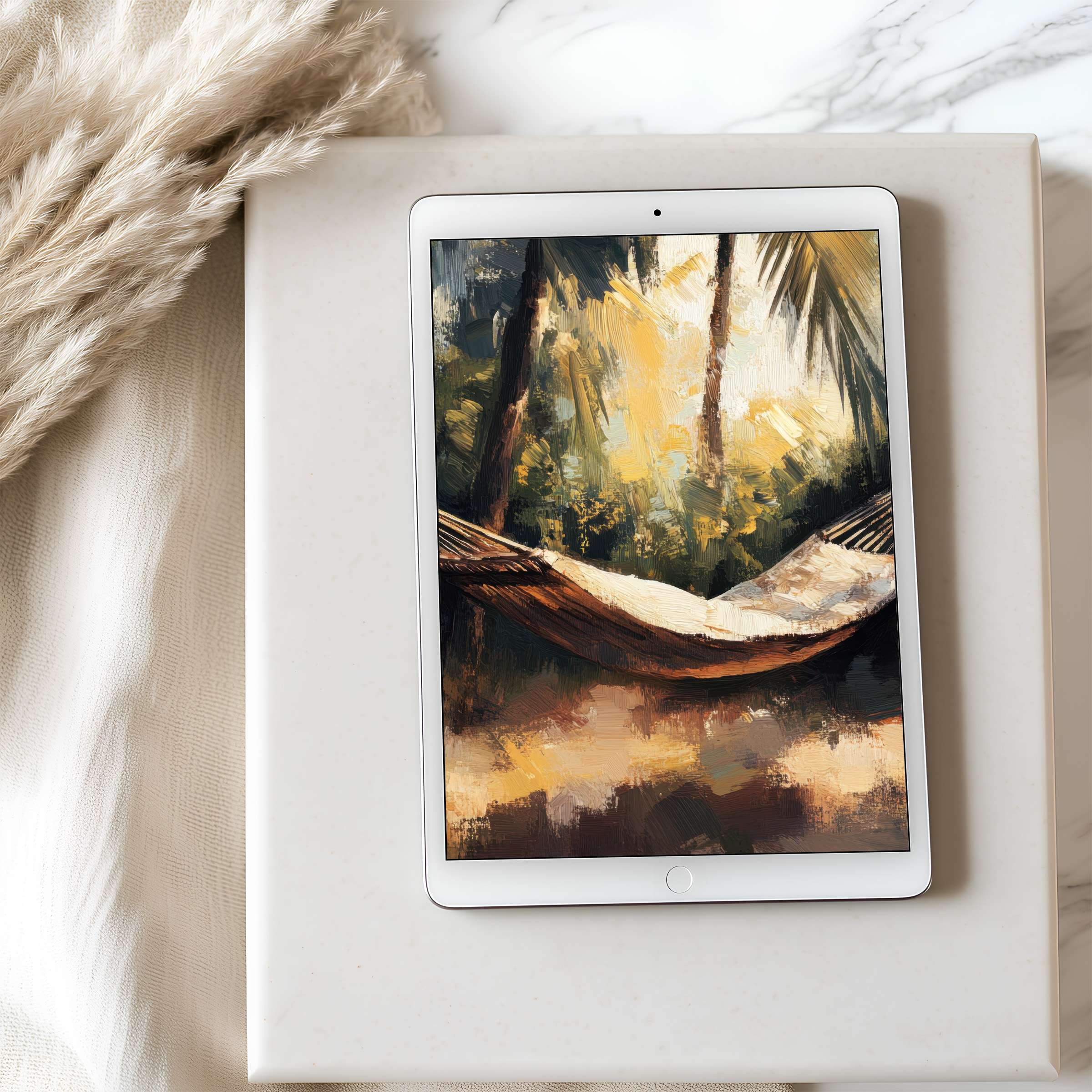 Luxuriate with a high resolution tablet wallpaper featuring a serene hammock painting, ideal for iPads, enhancing any curated digital space