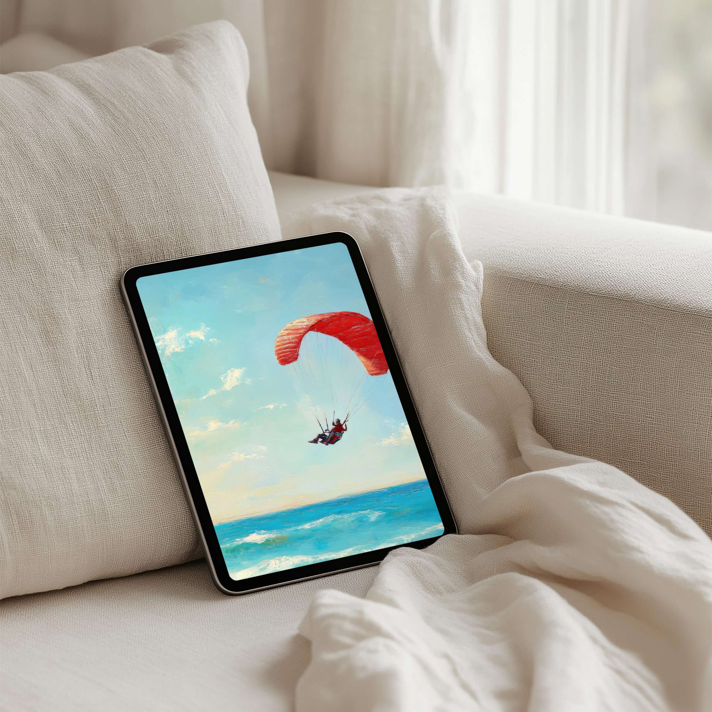 Elegant iPad background with a red paraglider over calm blue seas offers instant download for tranquility on any tablet
