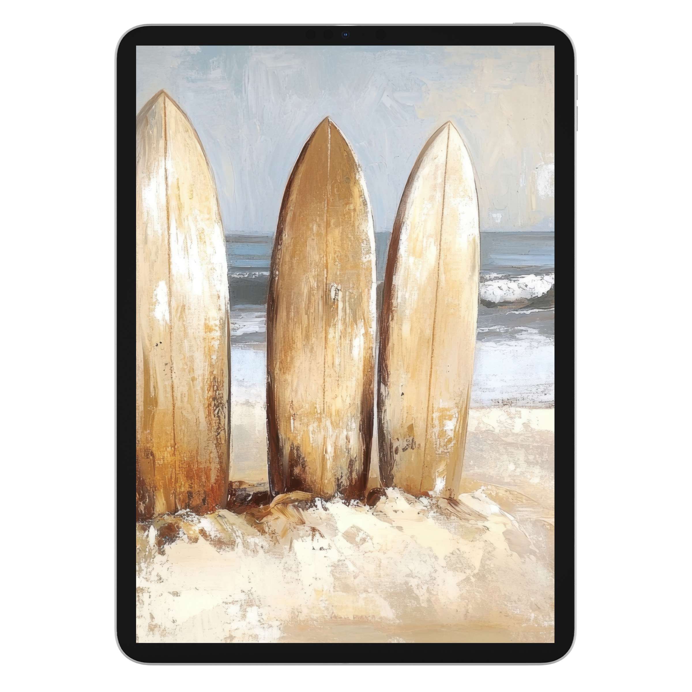 Elegant beach iPad wallpaper digital download with warm surfboard textures, serene ocean background for tablet, Android friendly design