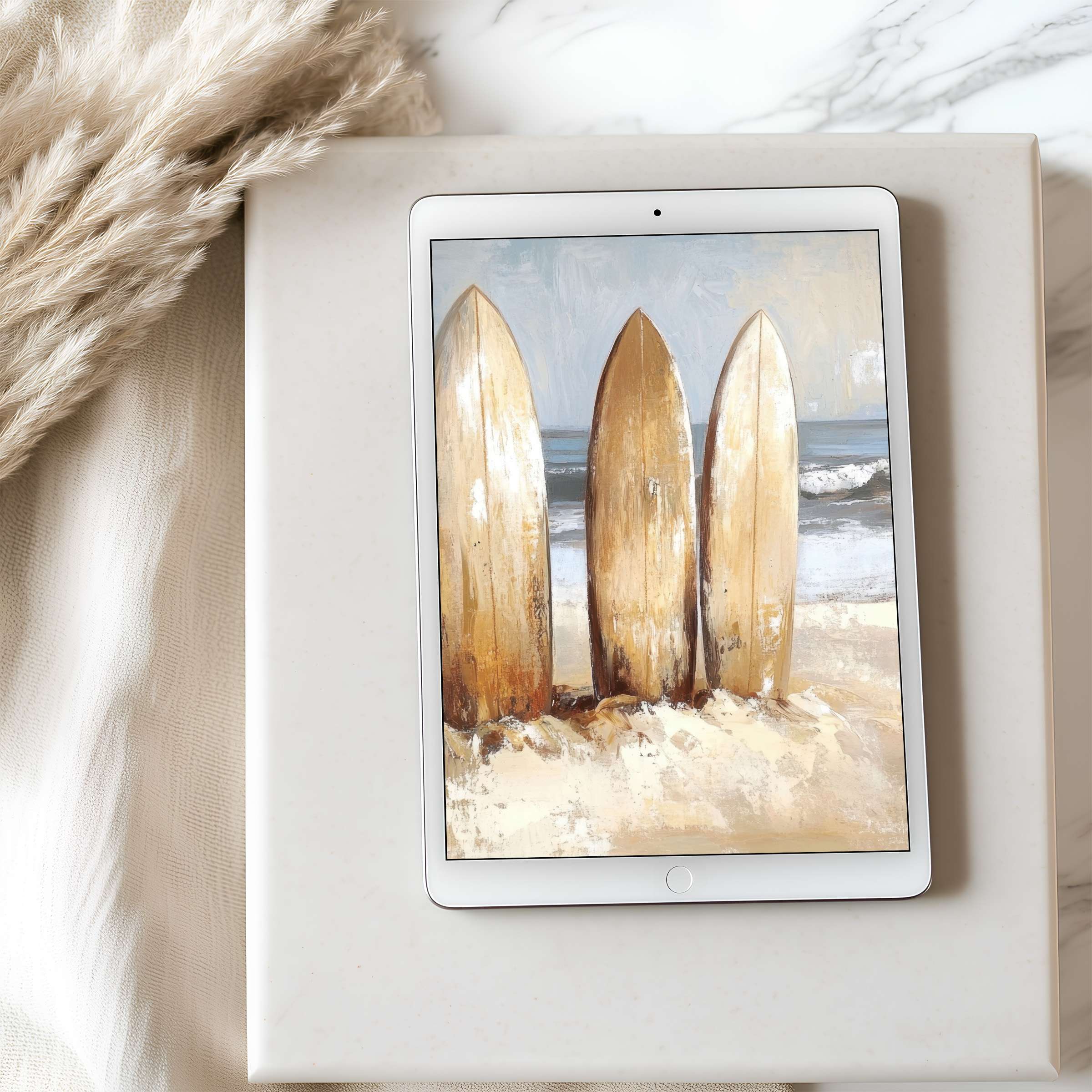 Calming digital art featuring a serene beach with surfboards, perfect tablet wallpaper for iPad, offers high resolution download