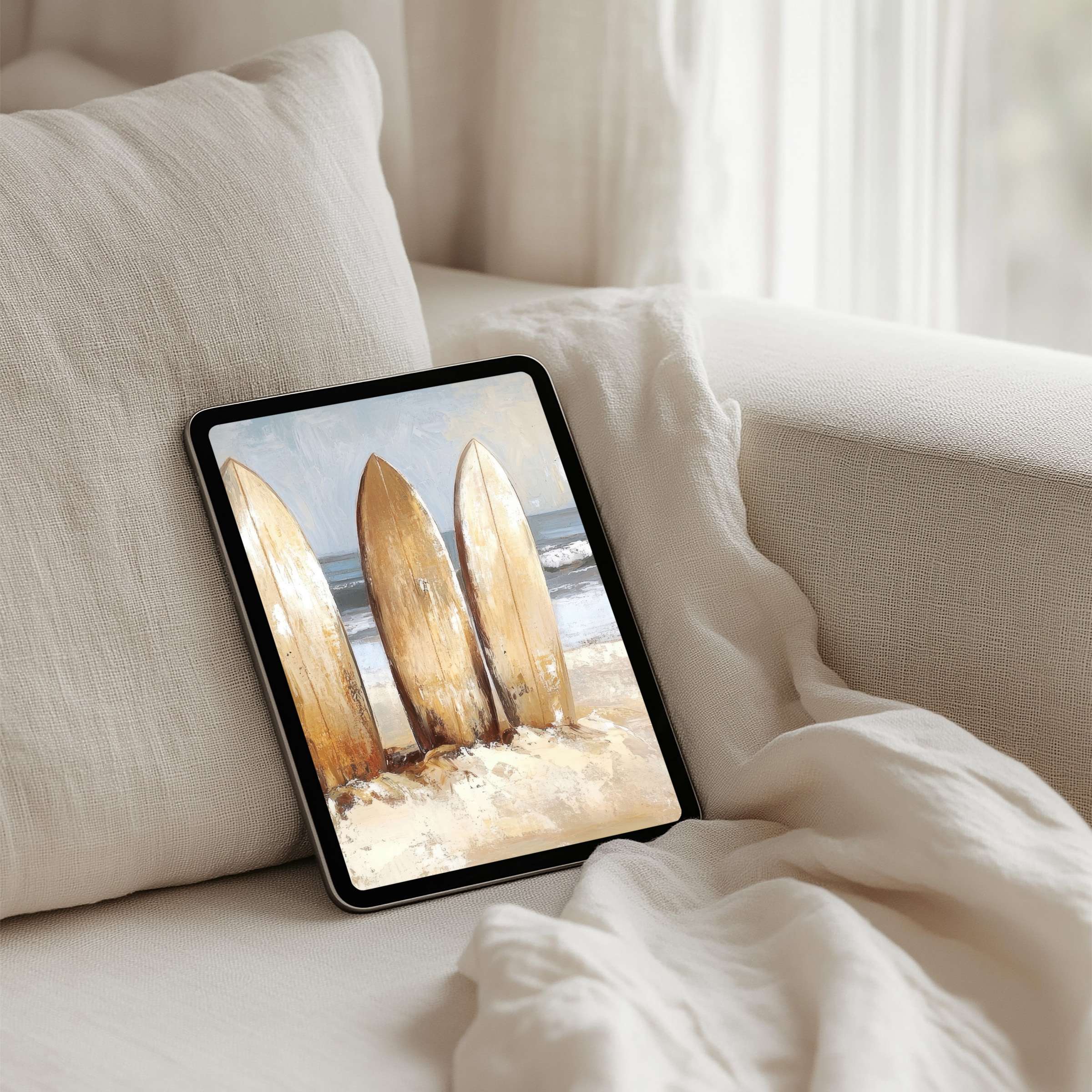 Elegant coastal iPad background with surfboards on a serene beach, ideal for instant download on any tablet, inspiring calm