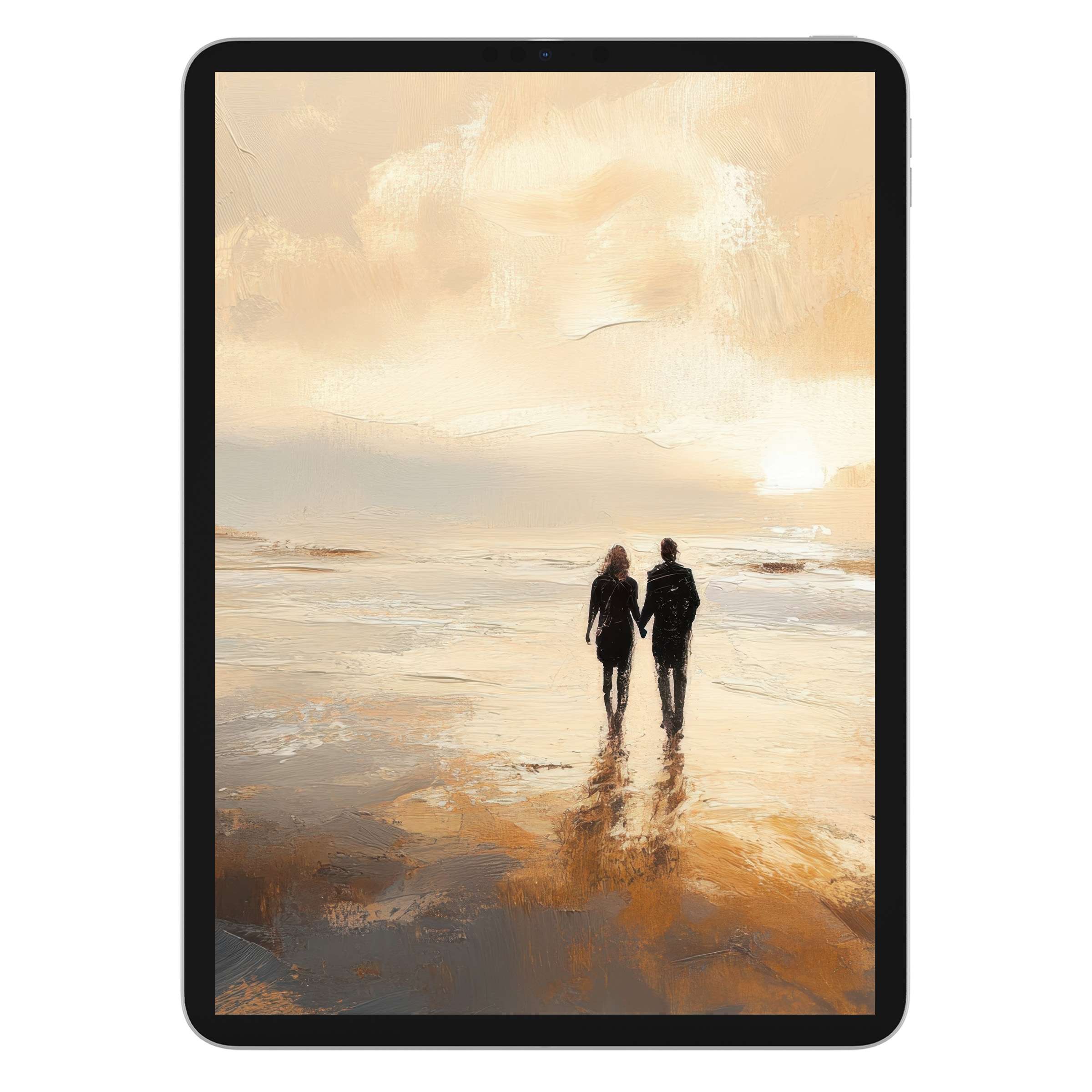 Elegant beach iPad wallpaper with a couple at sunset, offering a serene digital download background for all tablets, enhancing tranquility