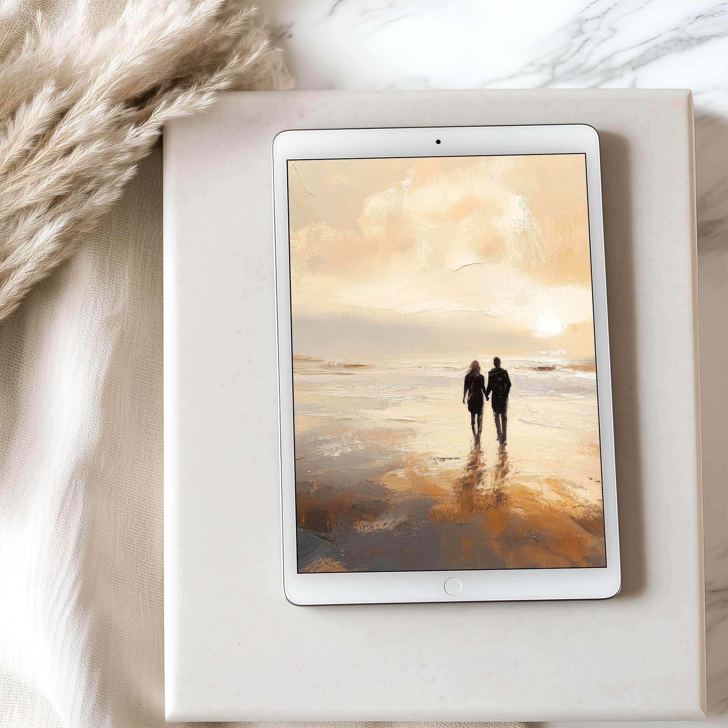 Elegant tablet wallpaper featuring a serene sunset beach scene in warm tones perfect for iPad high-resolution digital download