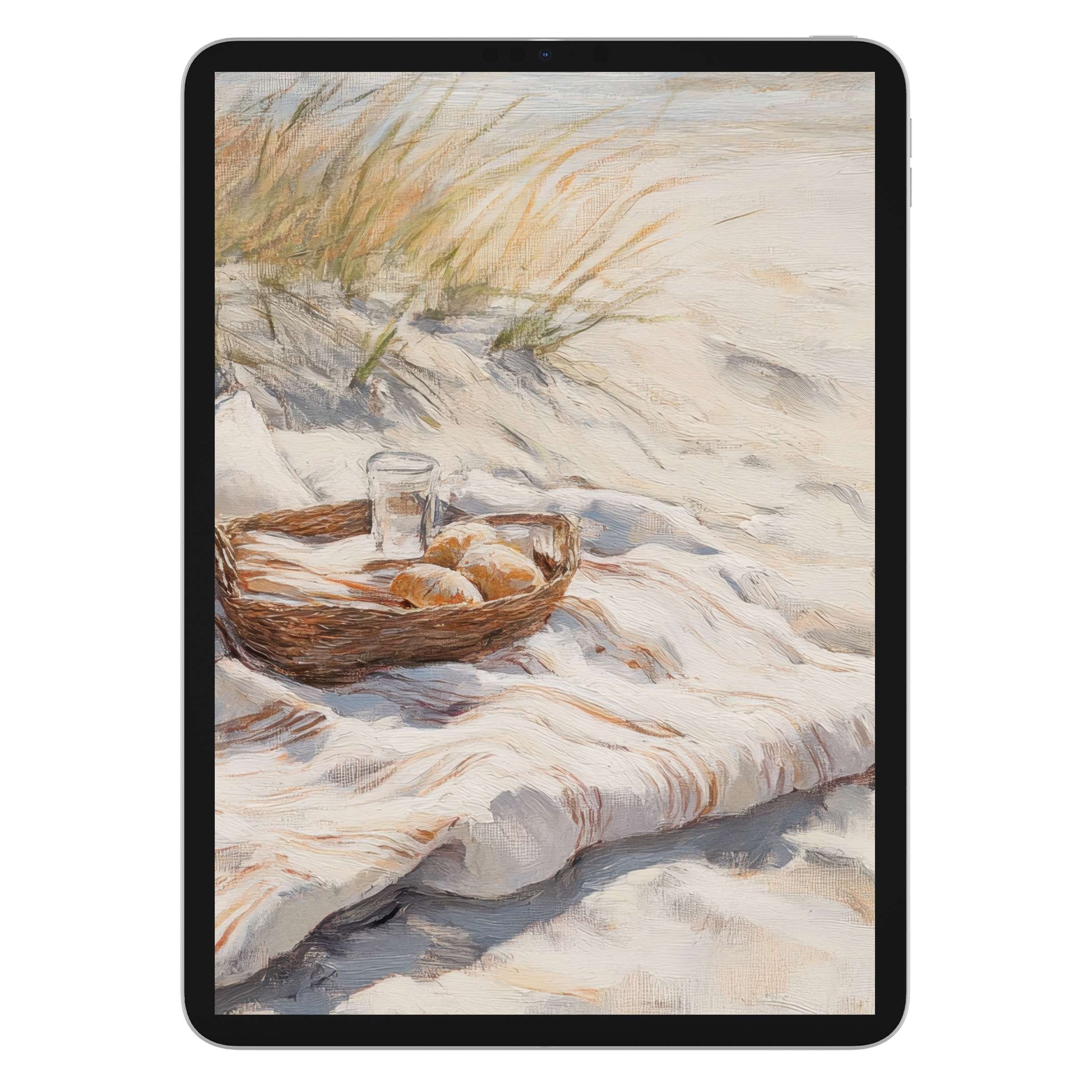 Tranquil beach iPad wallpaper showcasing a serene picnic setting with soft sand, perfect digital download for tablet background lovers