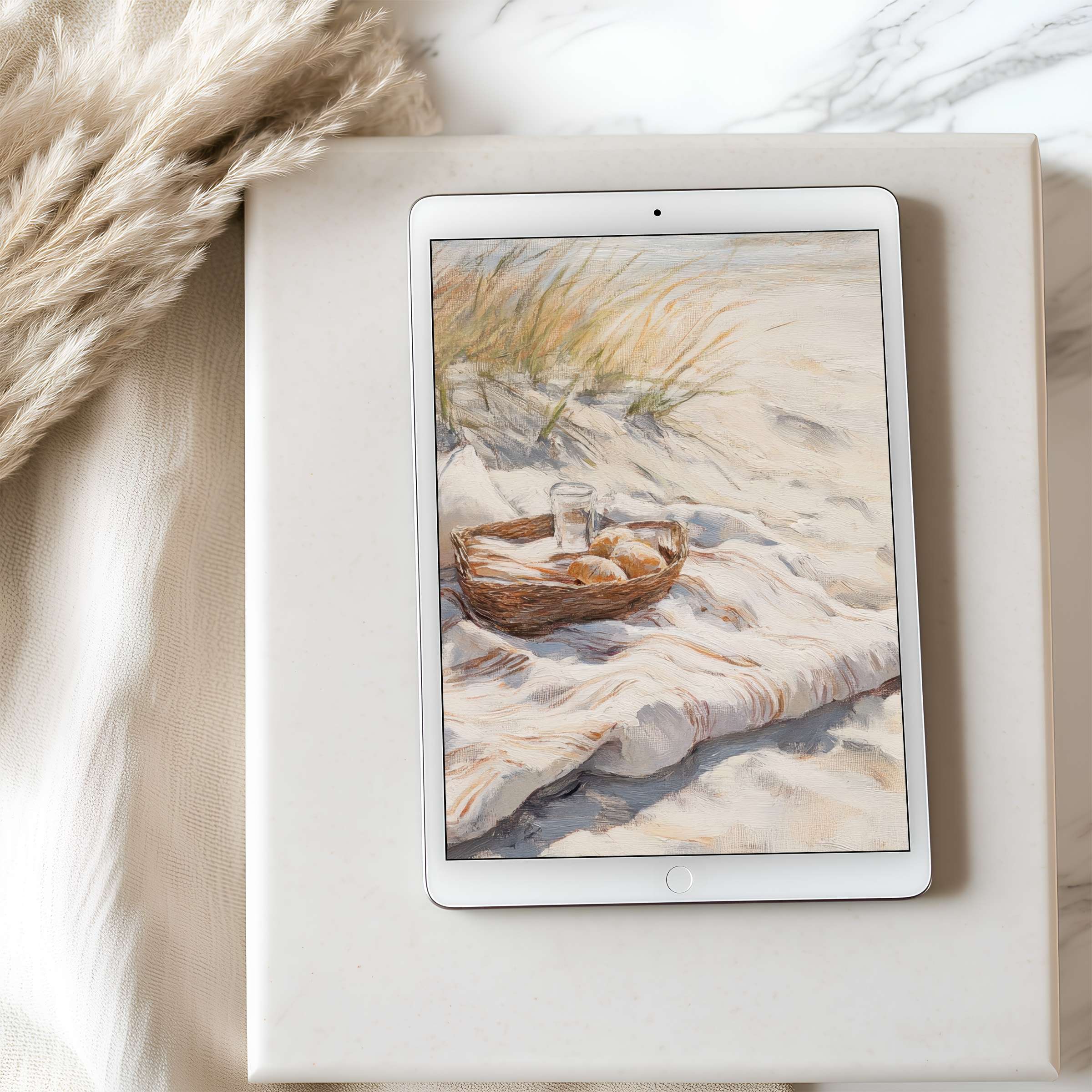 Elegant beach scene tablet wallpaper featuring soft pastels and serene textures perfect for iPad or Android high resolution download