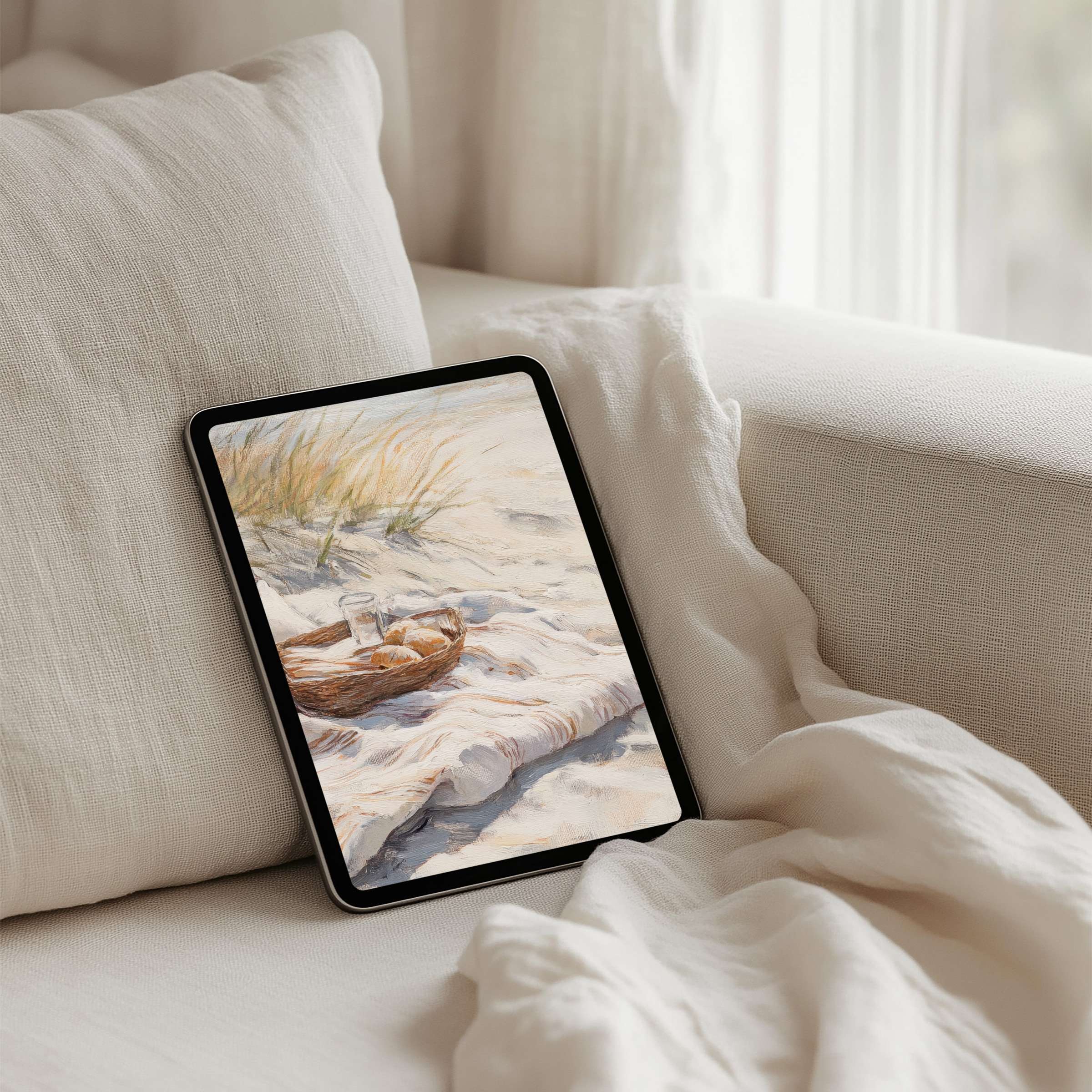 Elegant sand and grass artwork on iPad background for instant download brings calm inspiration to any tablet setting