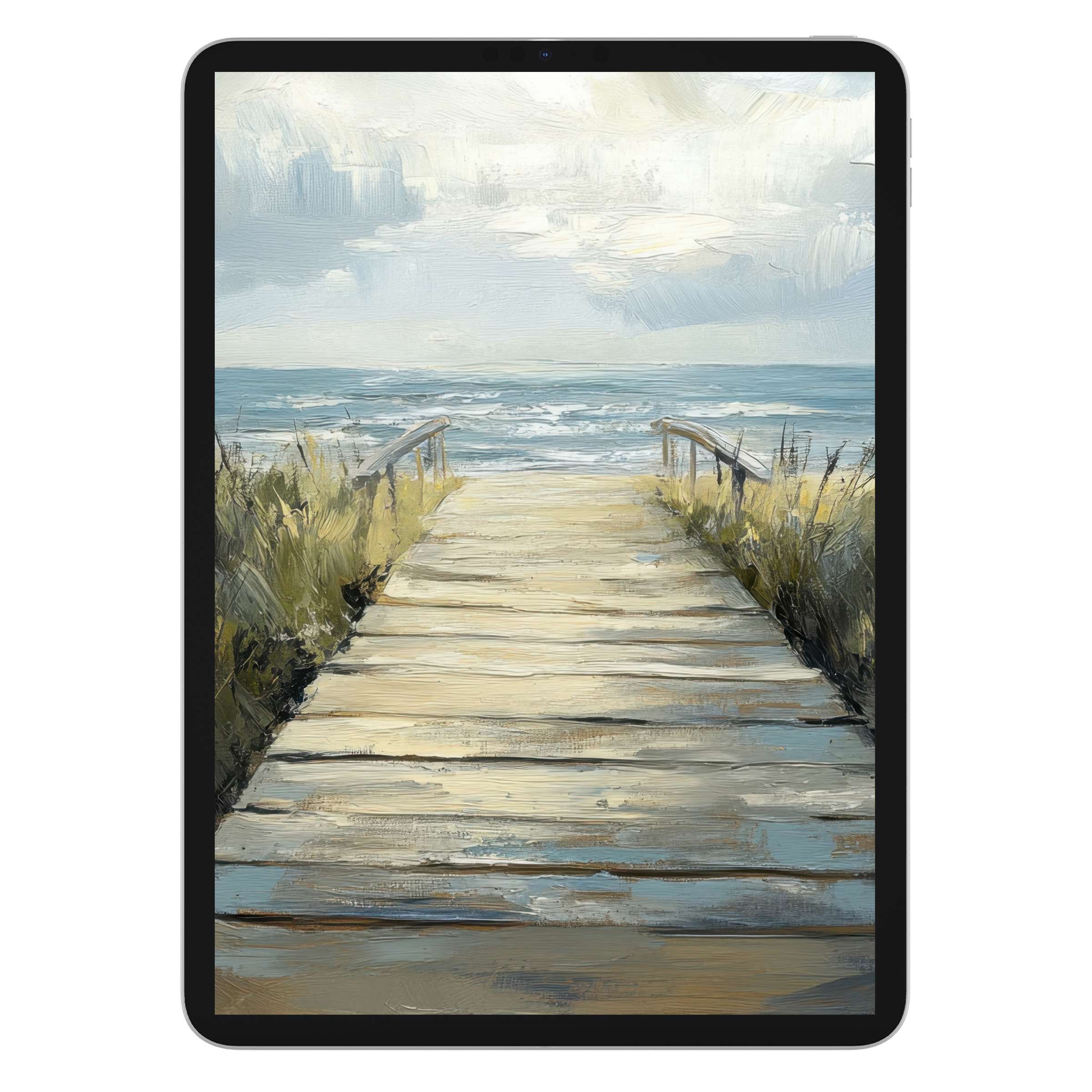 Serene beach iPad wallpaper with painted boardwalk and ocean waves offers a soothing digital download background for any tablet