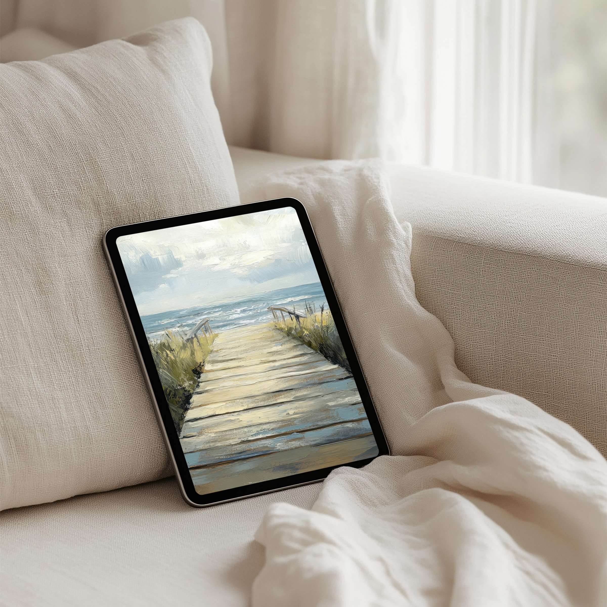 Coastal boardwalk iPad background offers instant download for tablets creating elegance and calm in your digital space