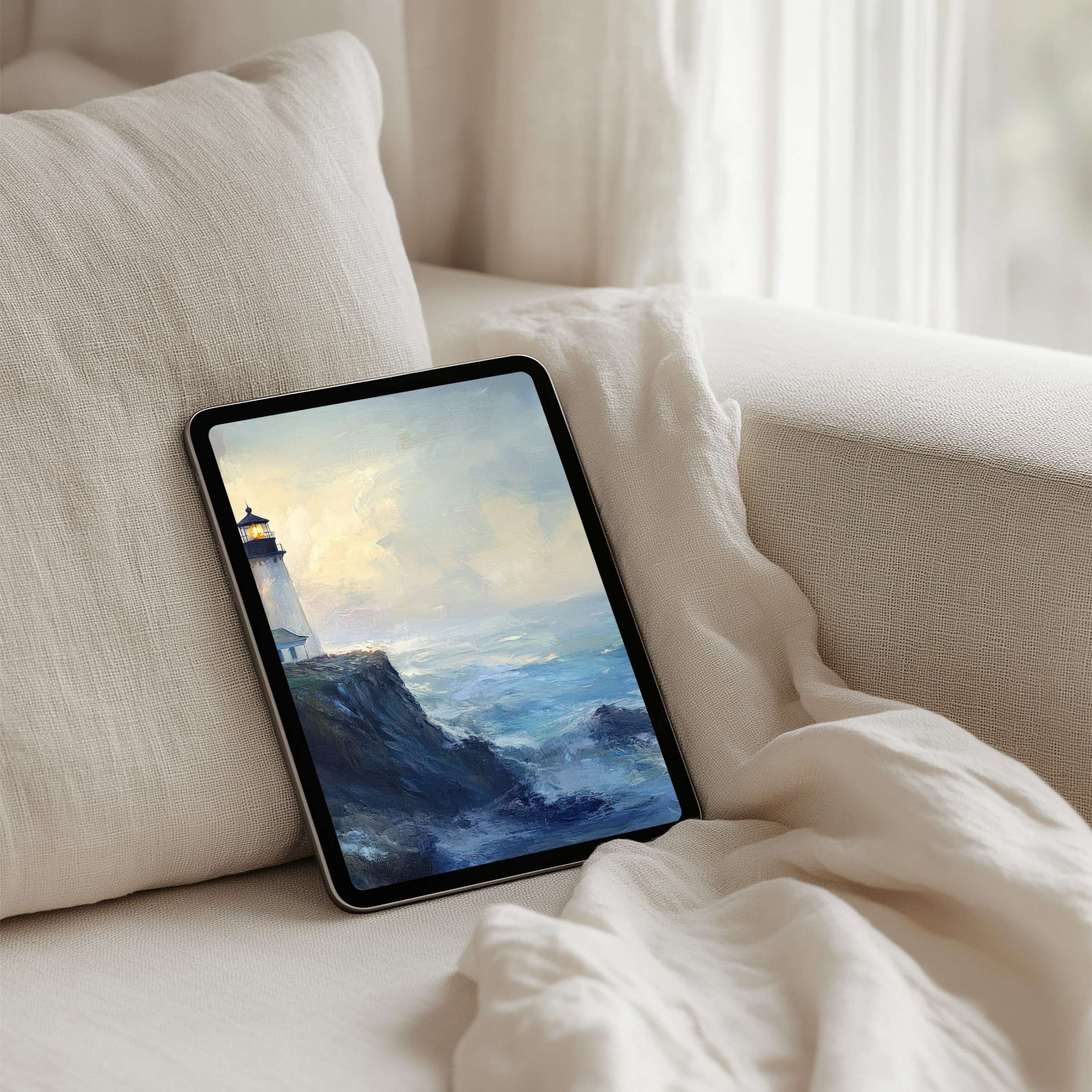 Serene lighthouse seascape iPad background offers elegance and calm for your tablet decor instant download for mindful inspiration