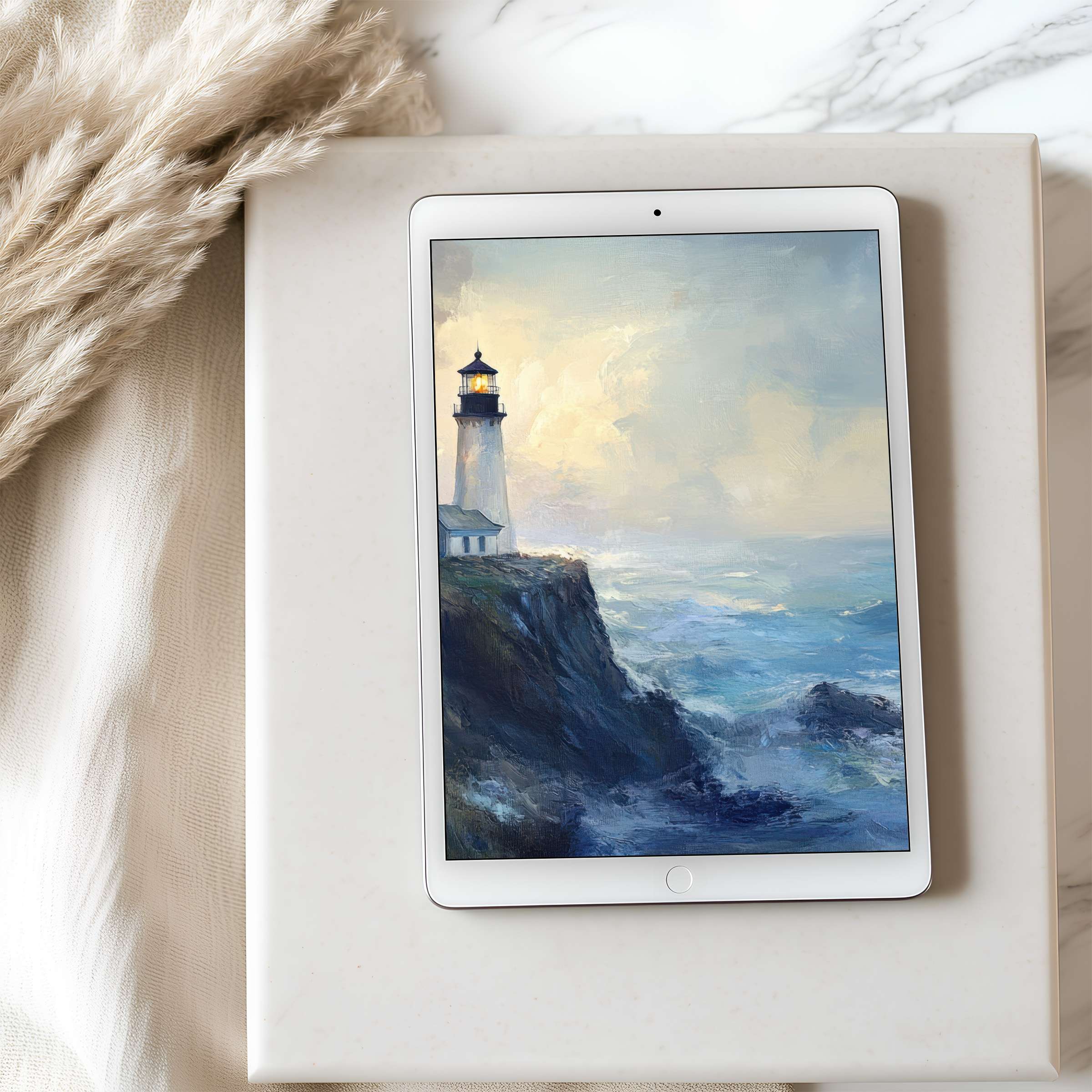 Elegant tablet wallpaper featuring a serene lighthouse painting in high resolution, perfect for iPad and Android tablet designs, digital download