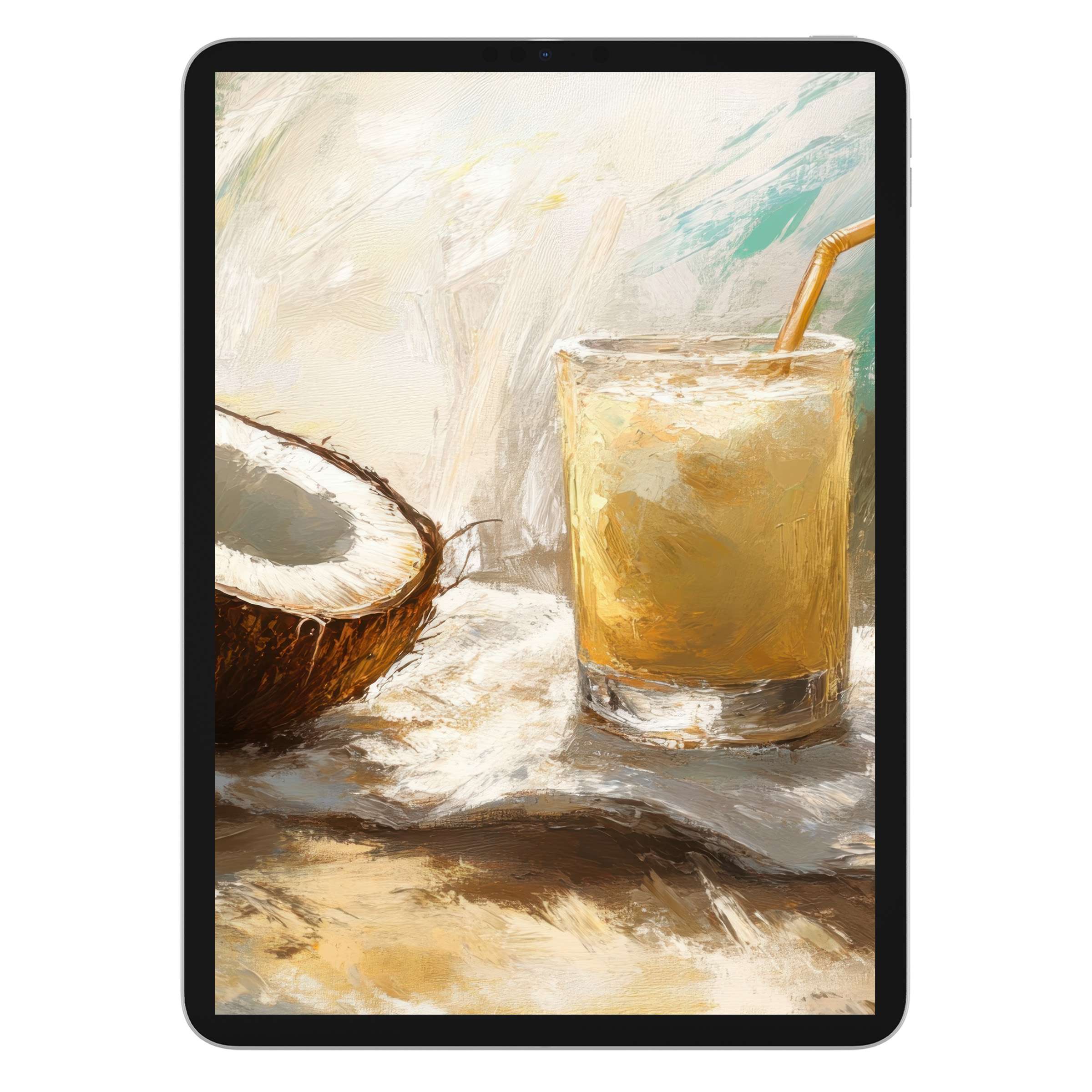 Beach iPad wallpaper showcasing a serene still life with coconut and drink in warm hues perfect for tablet backgrounds digital download