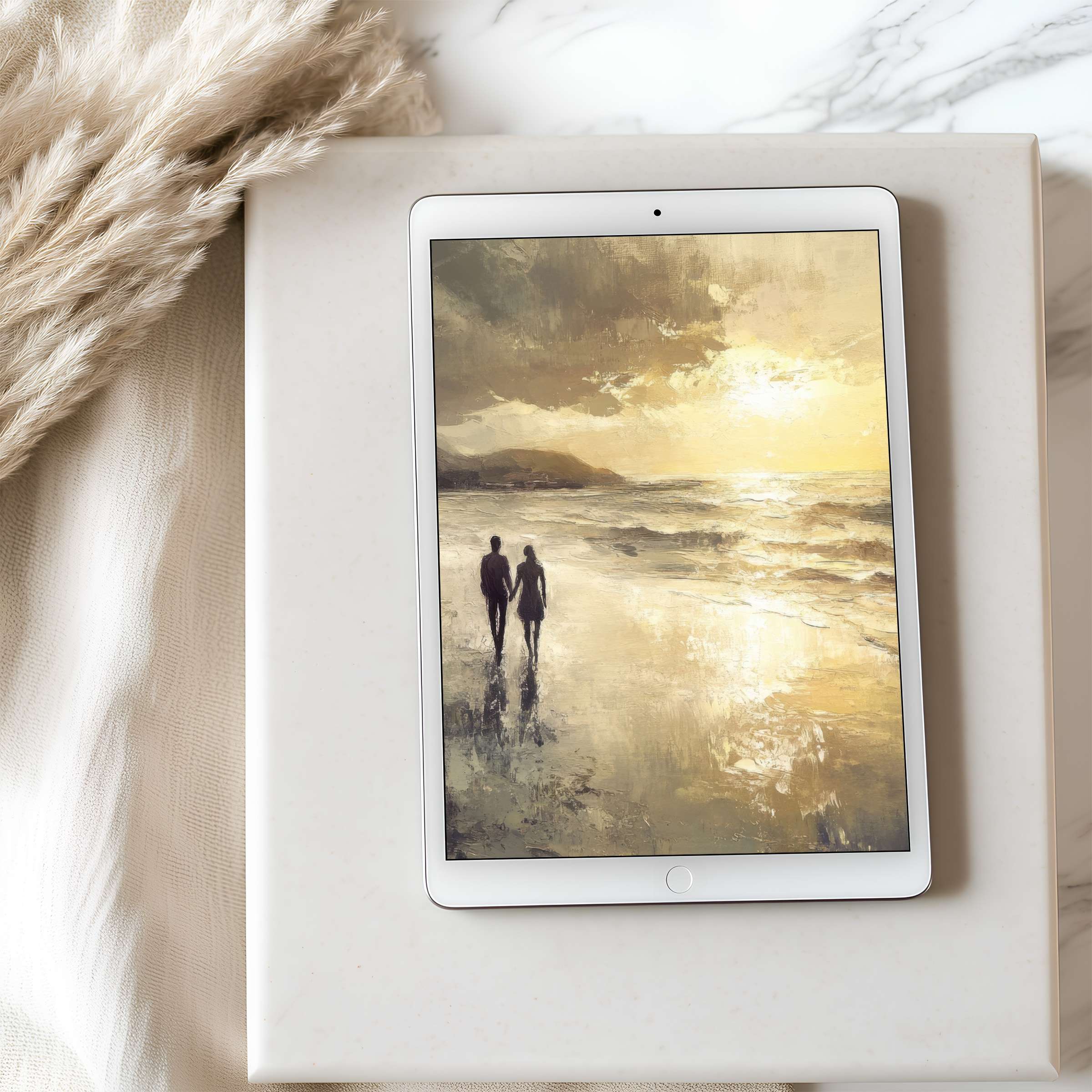 Elegant digital art tablet wallpaper showcasing a serene beach sunset scene for iPad, perfect for calming, high-resolution décor download