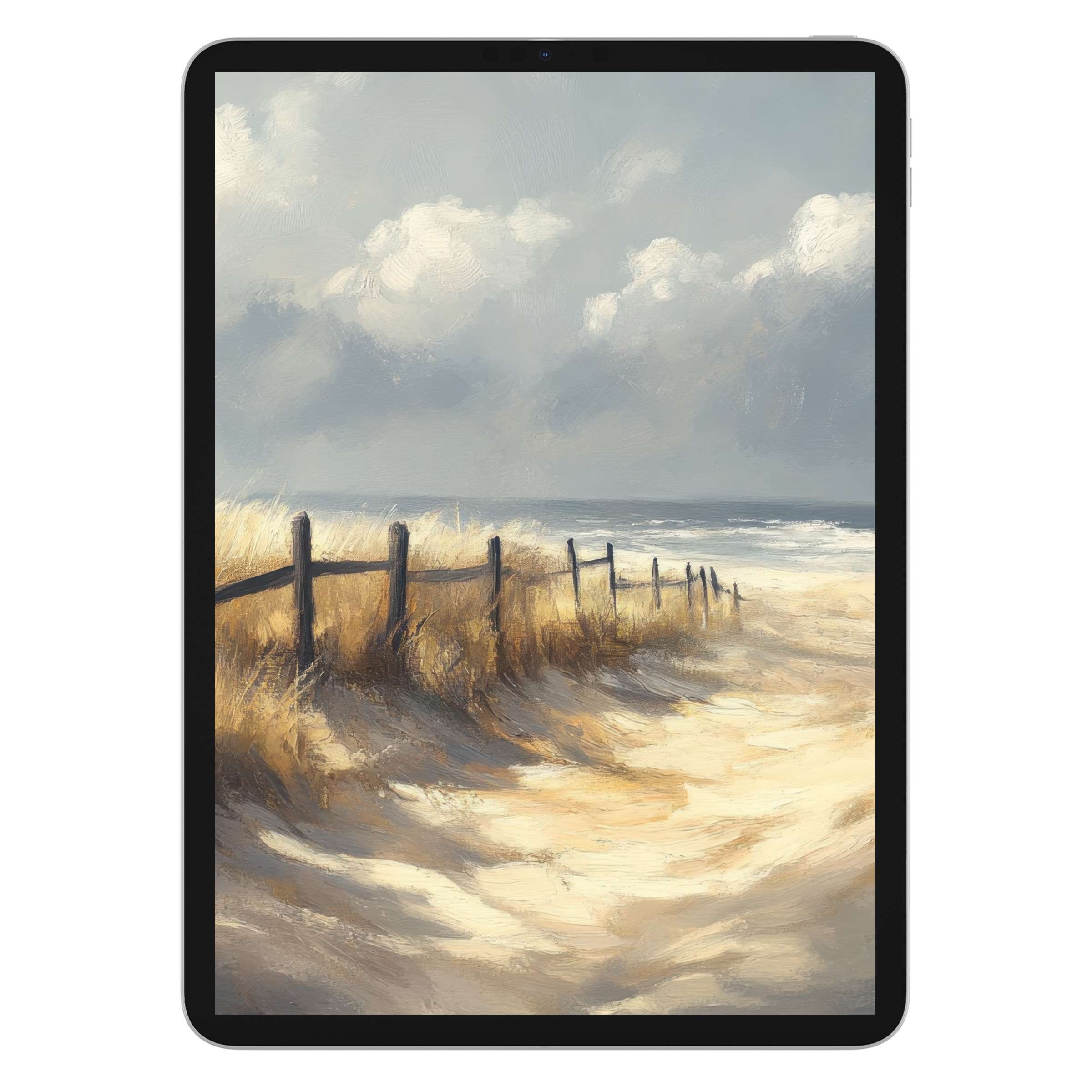 Tranquil beach iPad wallpaper with serene dunes and ocean waves painted in soft tones perfect for tablet background digital download