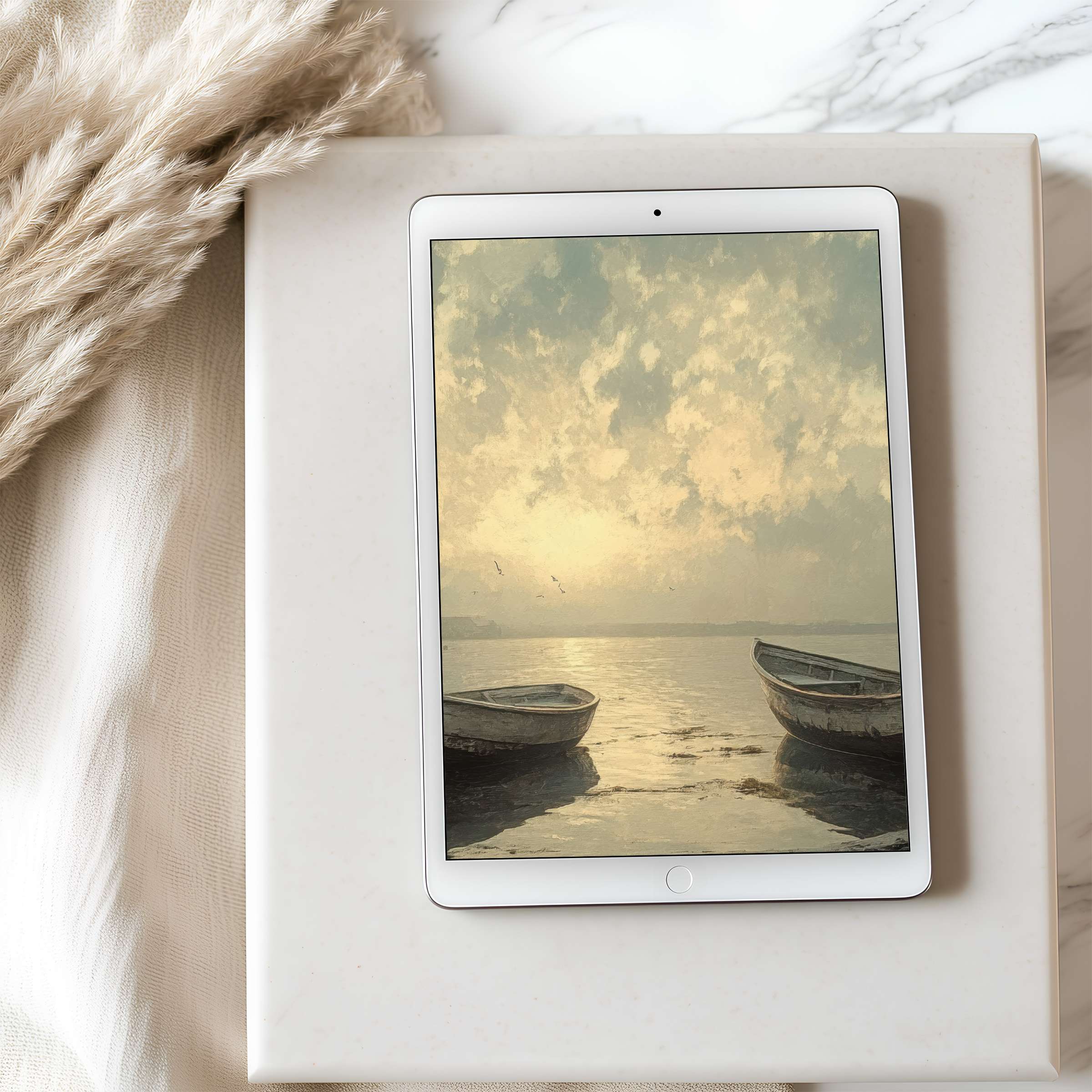 Serene tablet wallpaper with boats at sunset creates a tranquil ambiance for iPad and Android, offering calming digital download