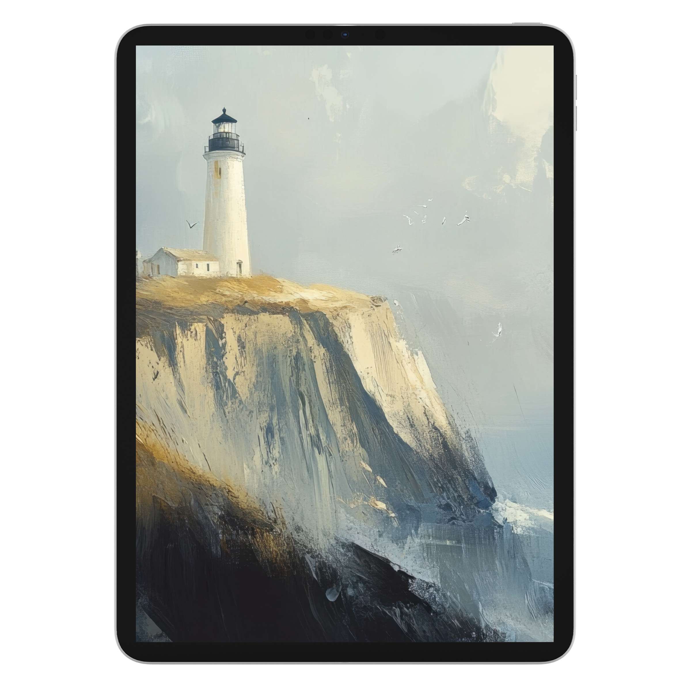 Lighthouse atop rugged cliffs on serene beach iPad wallpaper offers a tranquil digital download for elegant tablet backgrounds