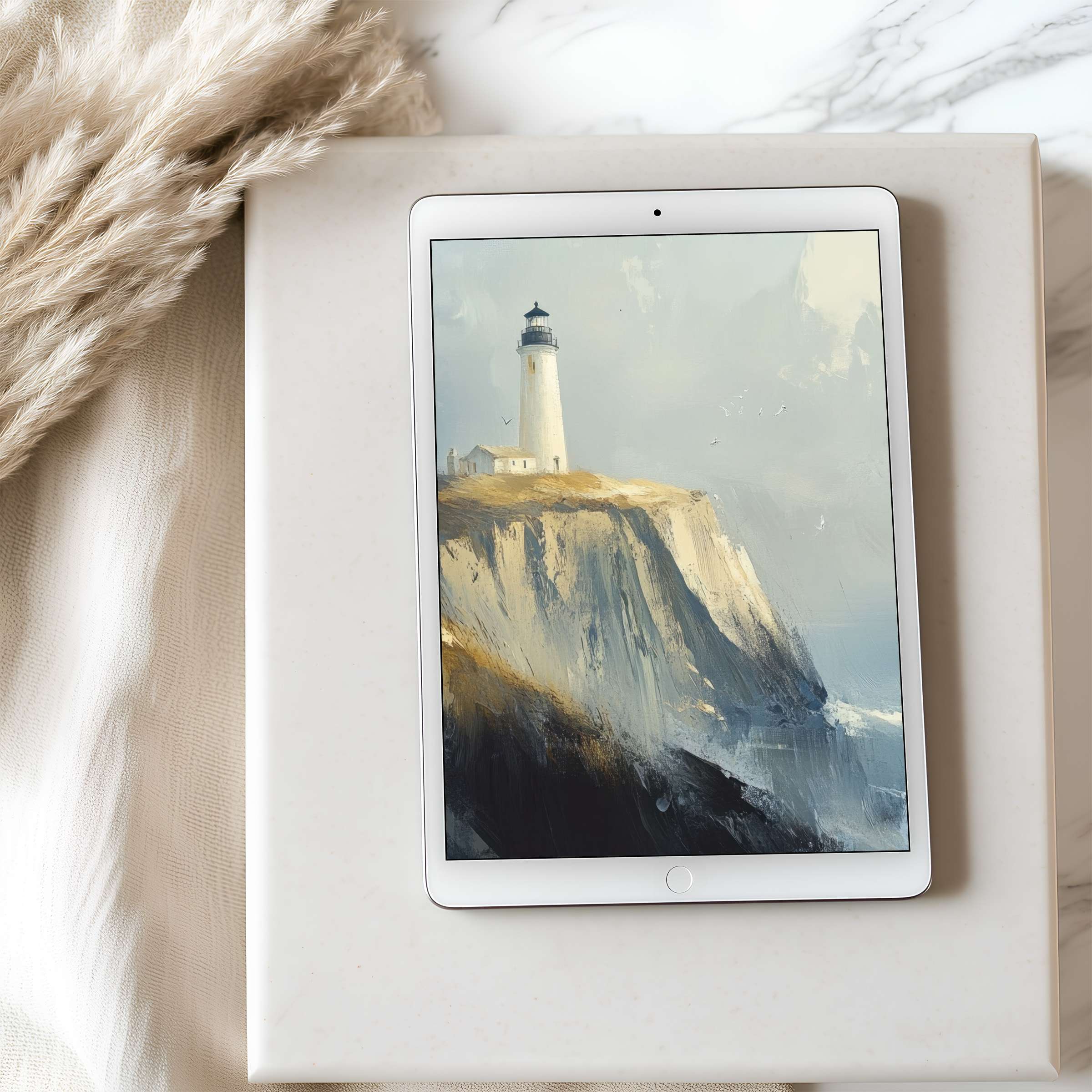 Serene lighthouse digital art tablet wallpaper in soothing blue and beige tones, perfect high-resolution download for iPad and Android tablets