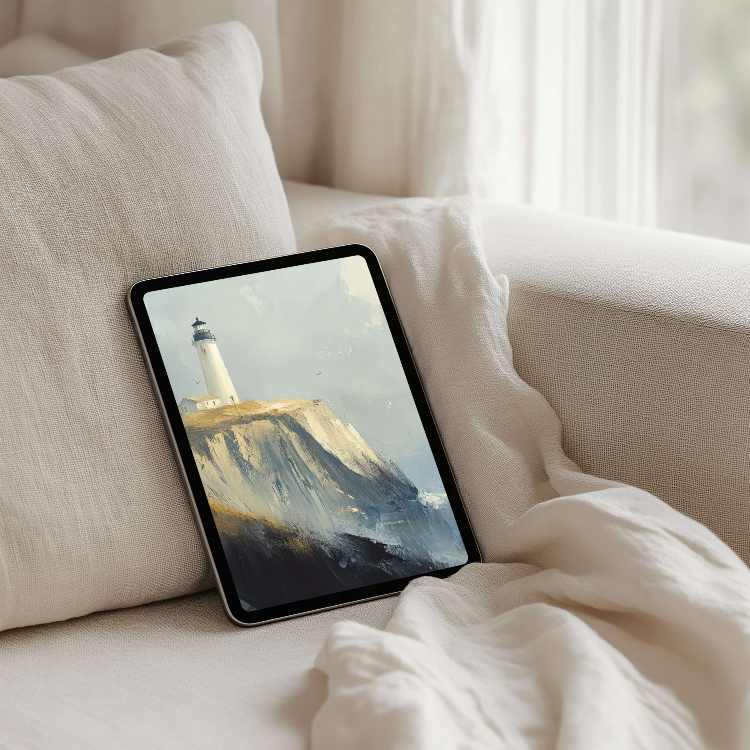 iPad background featuring serene lighthouse art evokes calm and elegance perfect for mindful tablet use and instant download