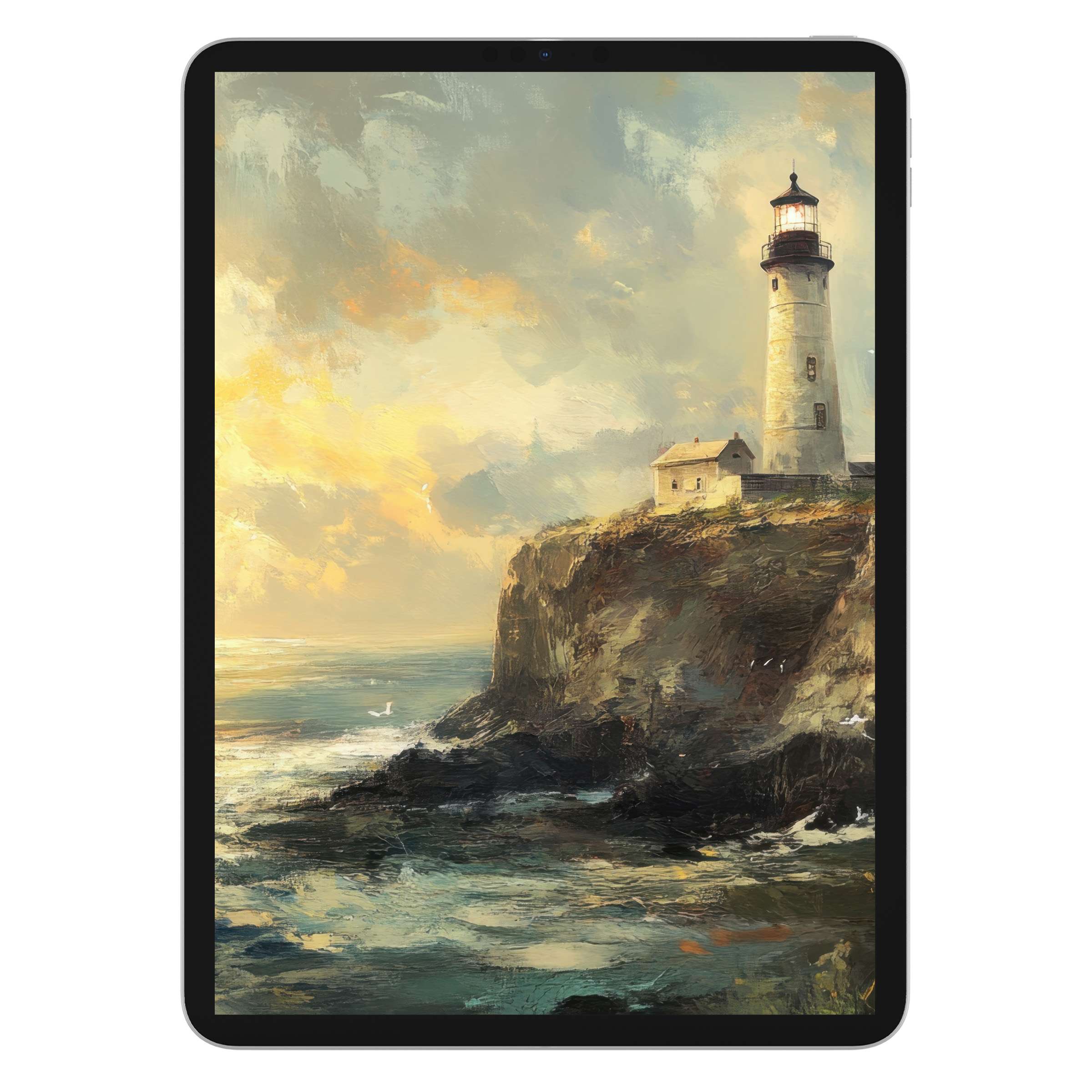 Serene sunrise beach iPad wallpaper featuring a lighthouse on a cliff, perfect digital download for tablet backgrounds and Android devices
