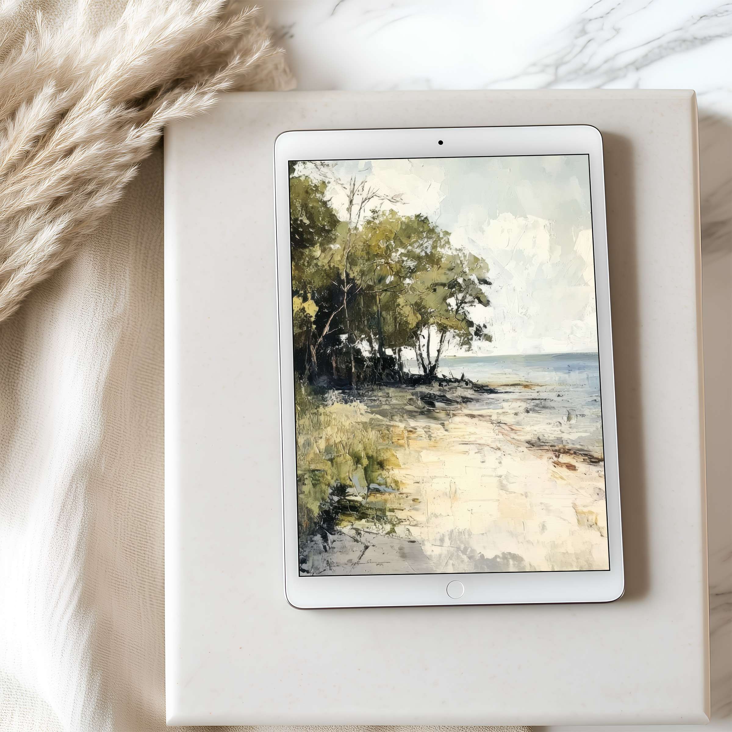 Serene landscape tablet wallpaper offers high resolution art with calming beach scene, perfect for iPad and Android, digital download