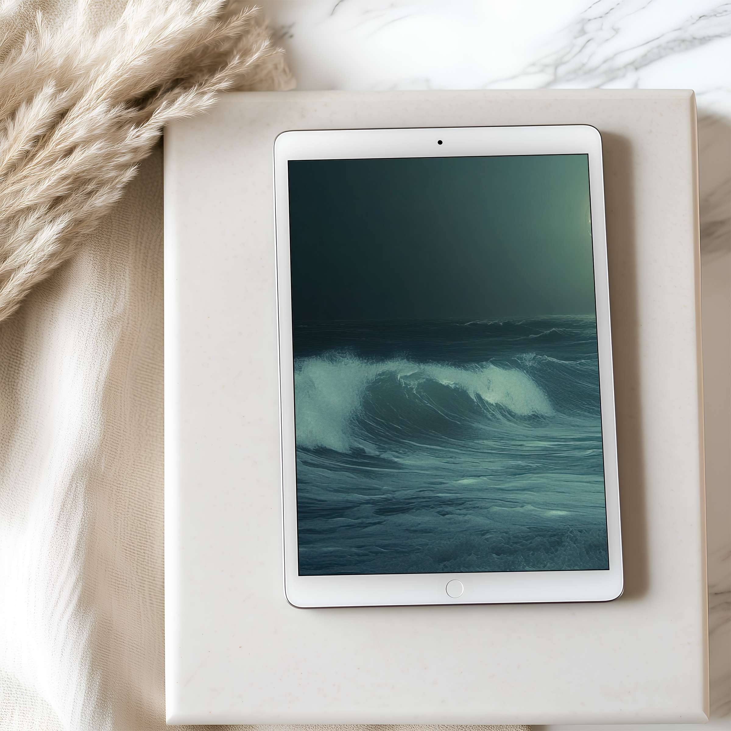 Elegant ocean wave tablet wallpaper, featuring calming teal tones, ideal for high resolution iPad and Android digital download
