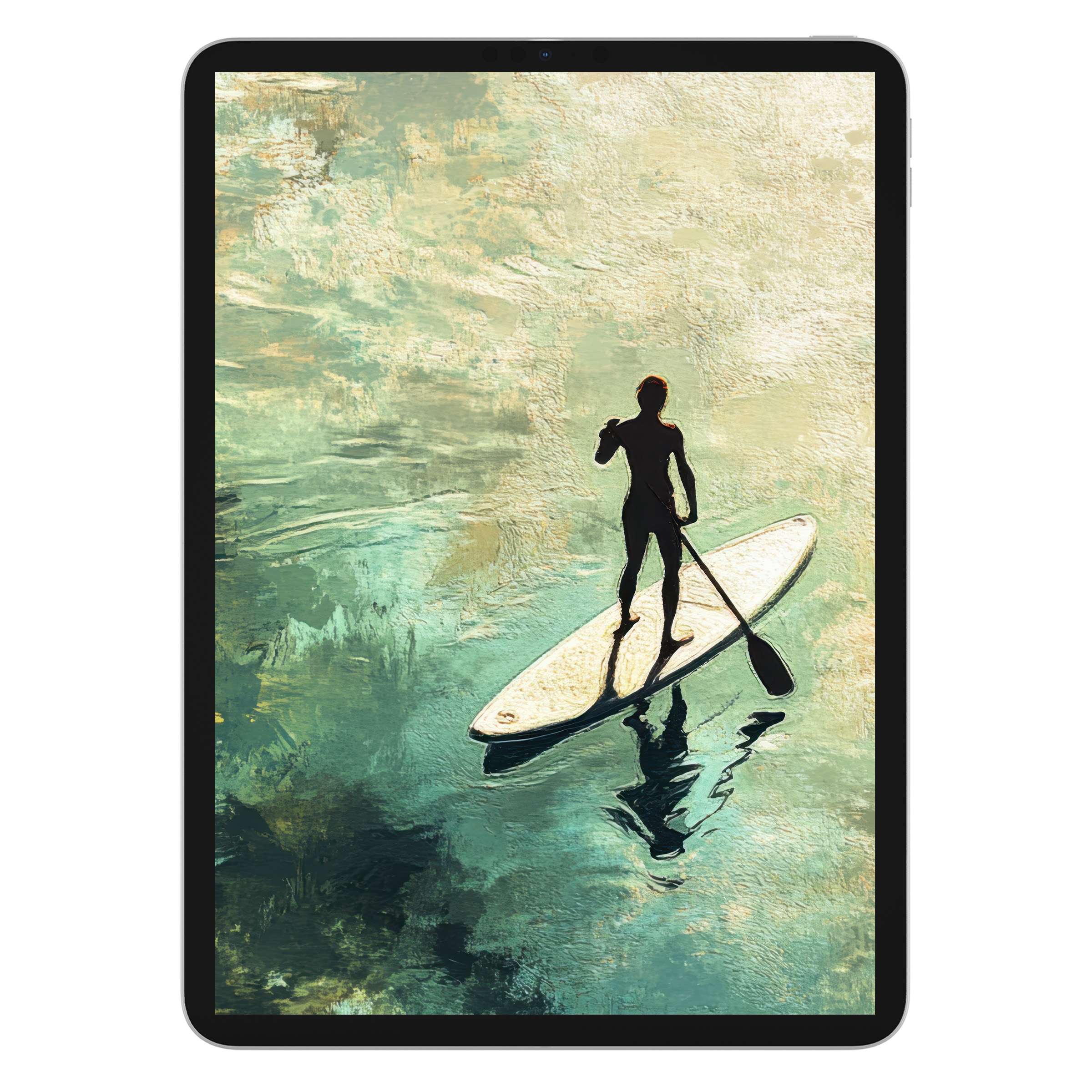 Beach iPad wallpaper digital download: elegant tablet background with serene paddle boarder, rich textures, calming hues suitable for Android
