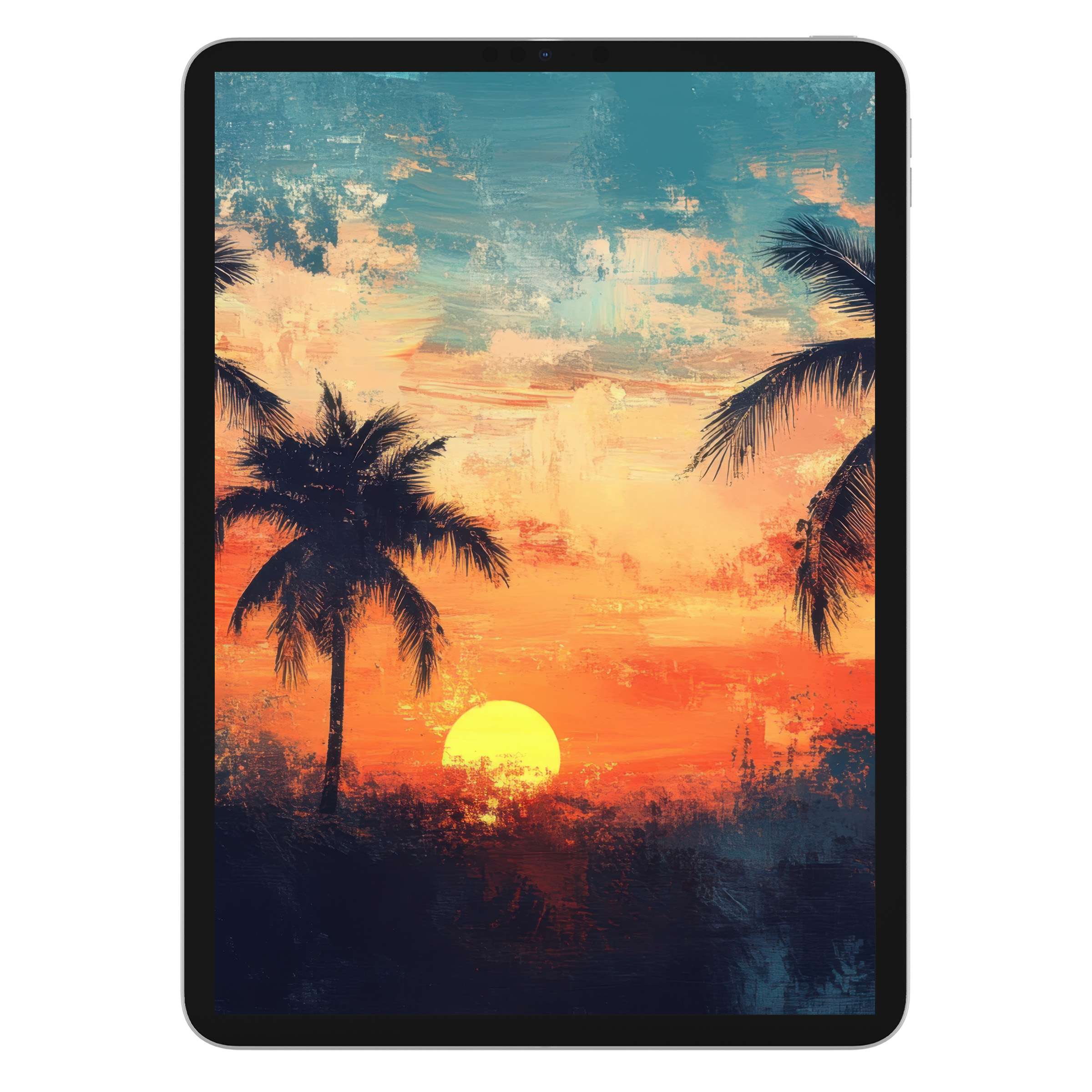 Vivid beach iPad wallpaper featuring a serene sunset with palm trees in a painterly style digital download for tablet backgrounds