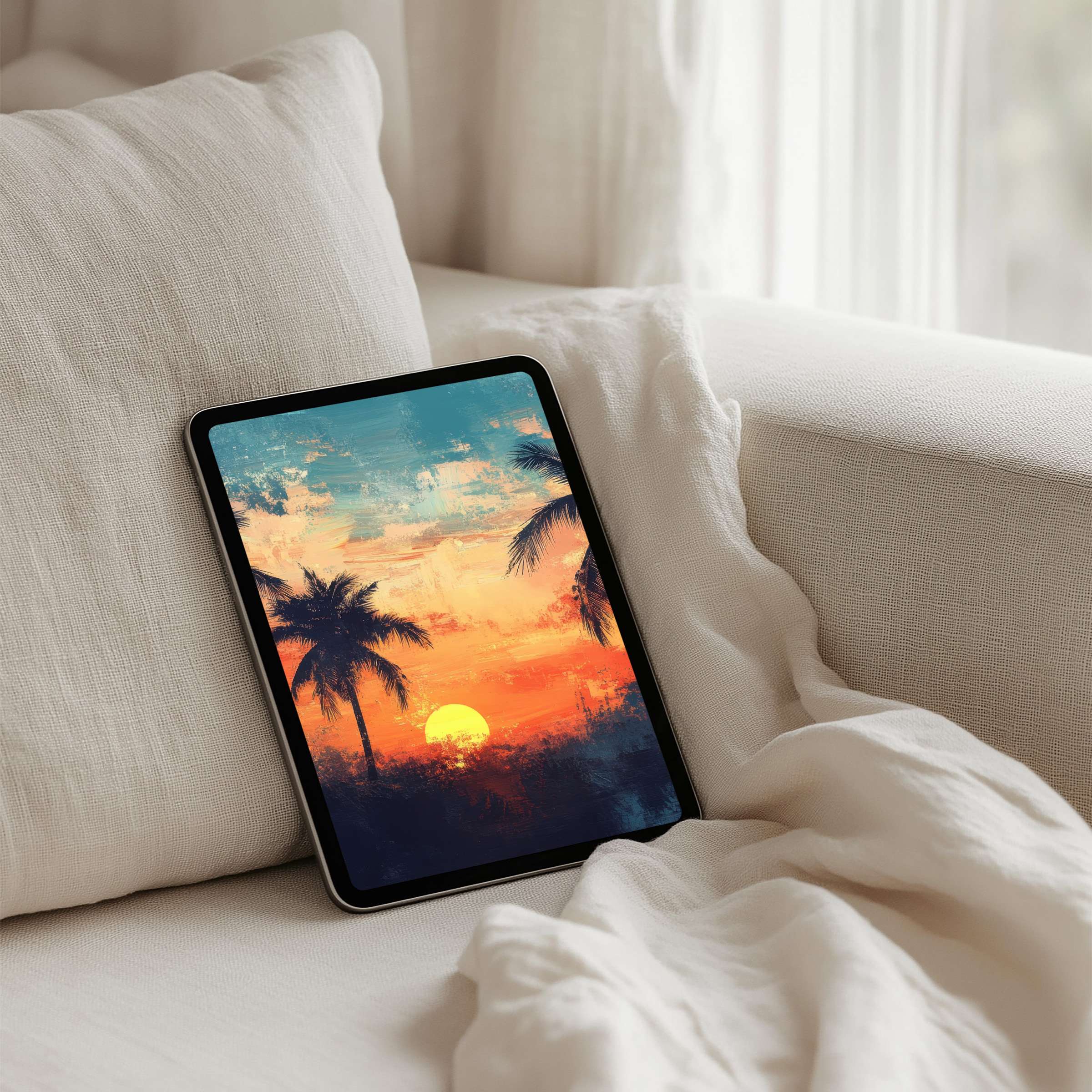 Elegant sunset painting with palm trees for iPad background, instantly downloadable for all tablets creating calm, mindful spaces