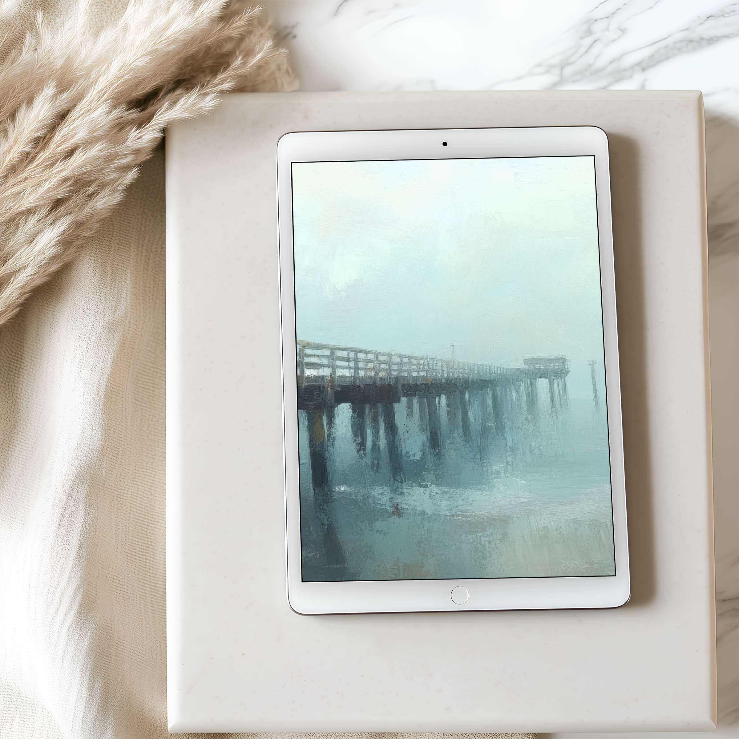 Tranquil pier in misty hues creates an elegant tablet wallpaper suitable for iPad download, enhancing serene digital ambiance