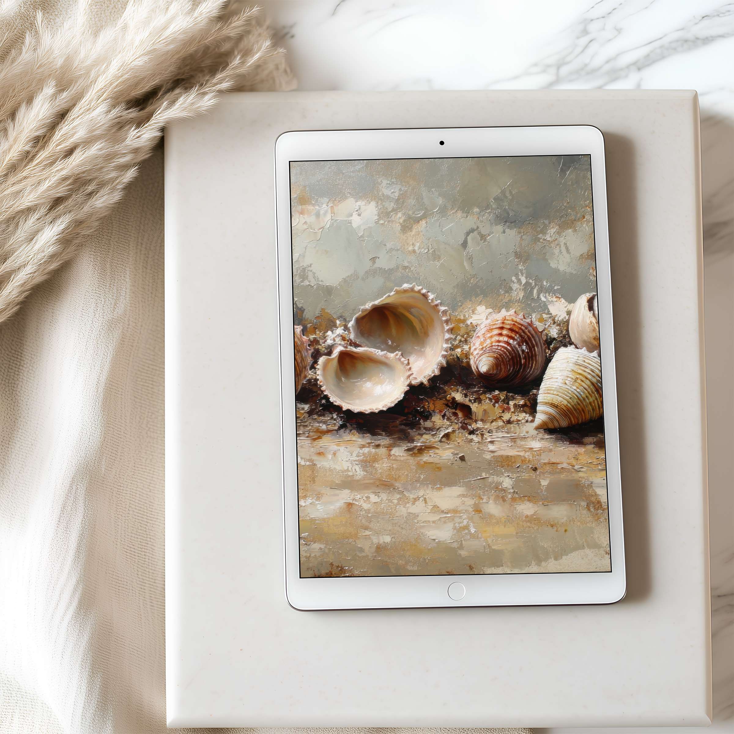 Elegant tablet wallpaper featuring serene seashell art in soothing neutrals; perfect high-resolution download for iPad and Android tablets