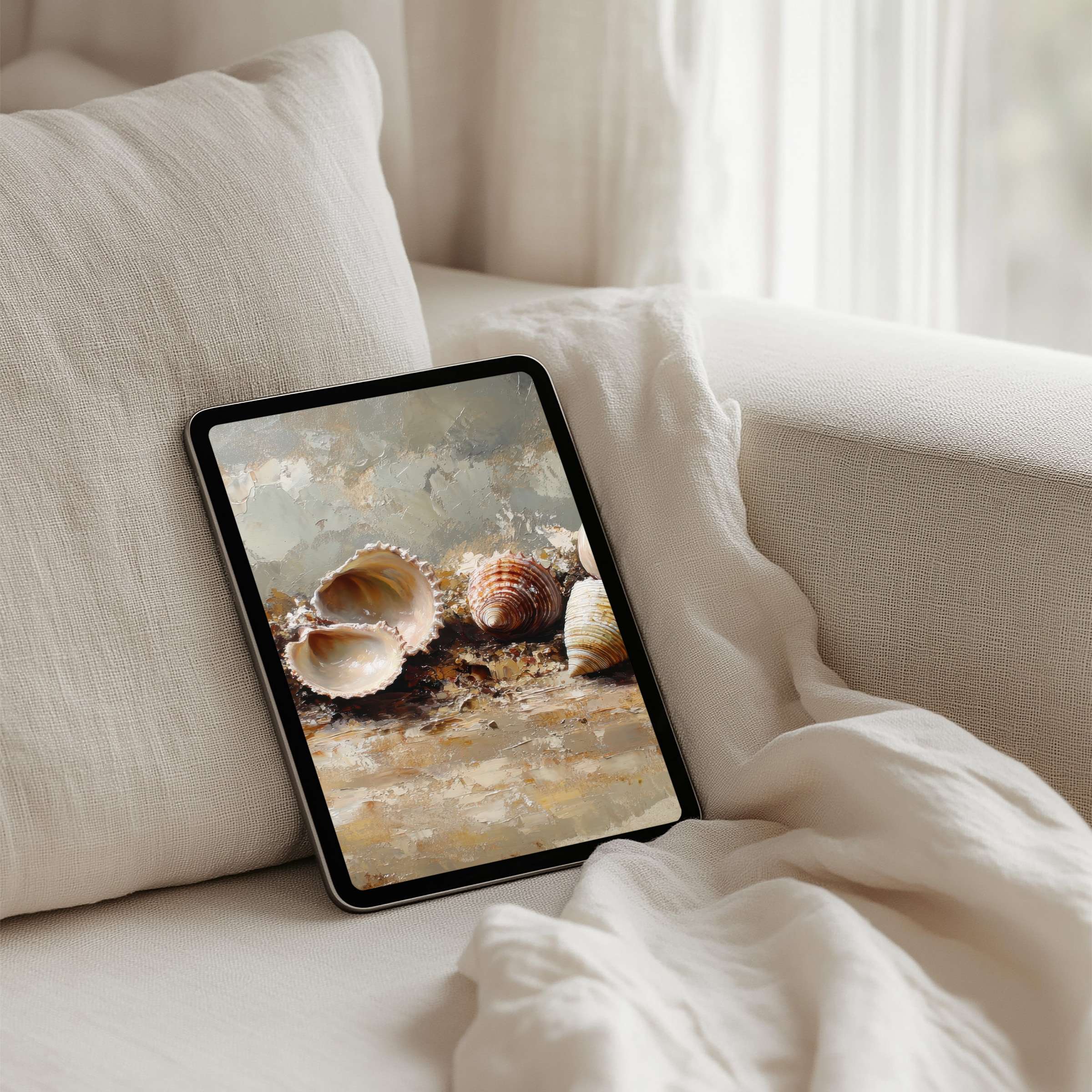 Elegant seashell art provides a calming iPad background for any tablet, offering instant download for mindfulness and inspiration
