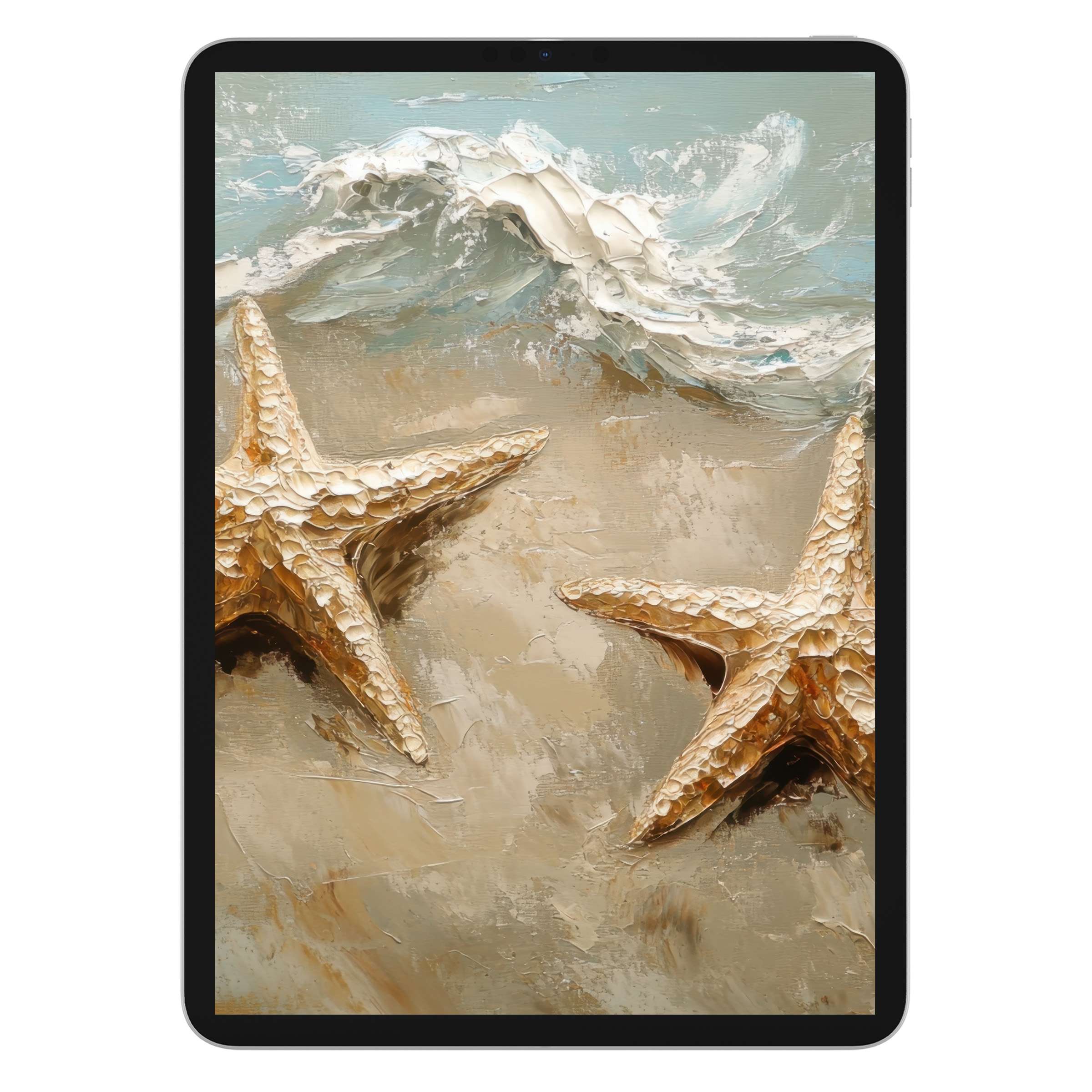 Elegant beach iPad wallpaper with textured starfish and crashing waves, perfect digital download for calming tablet background use