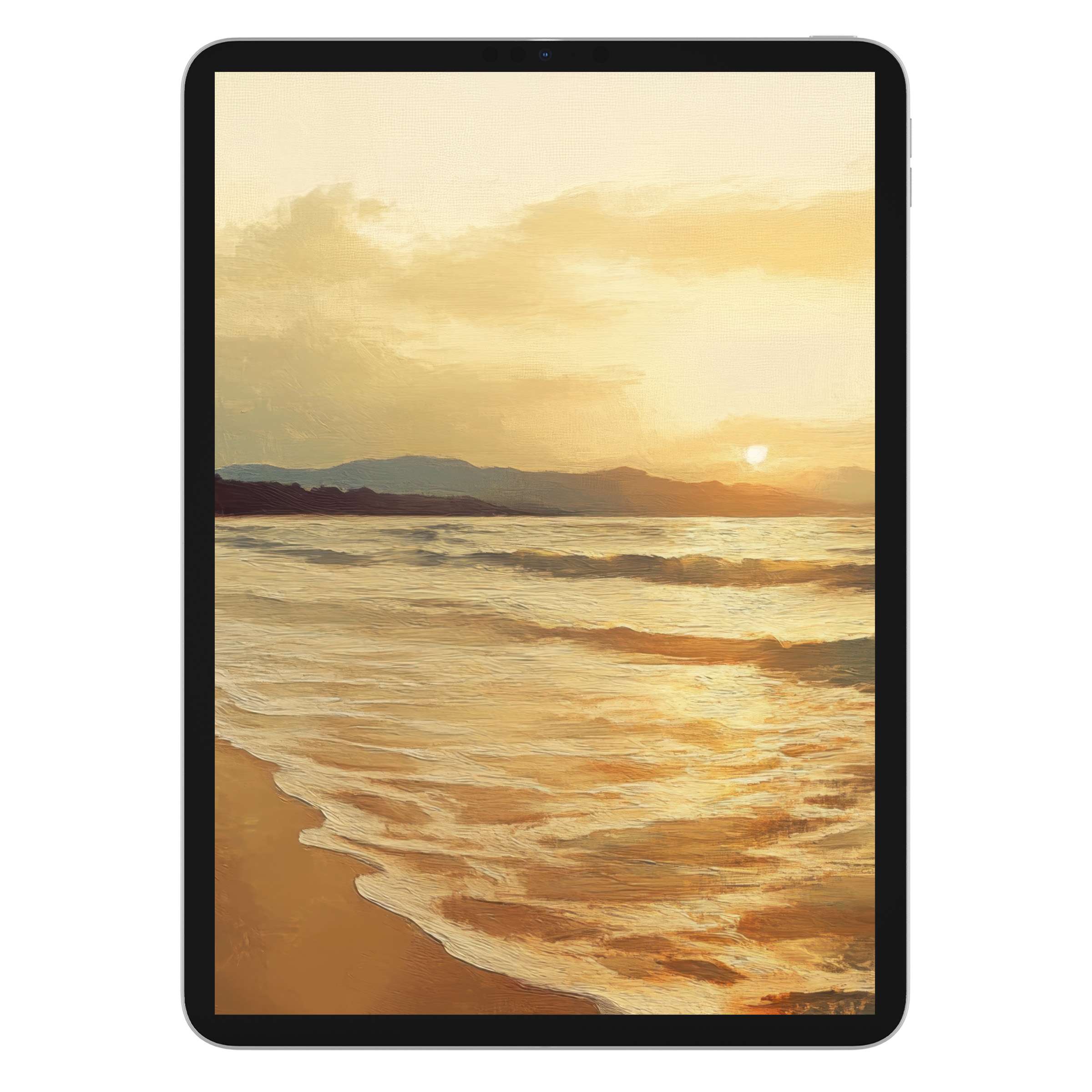 Serene beach iPad wallpaper featuring a golden sunset over tranquil waves perfect digital download background for all tablets