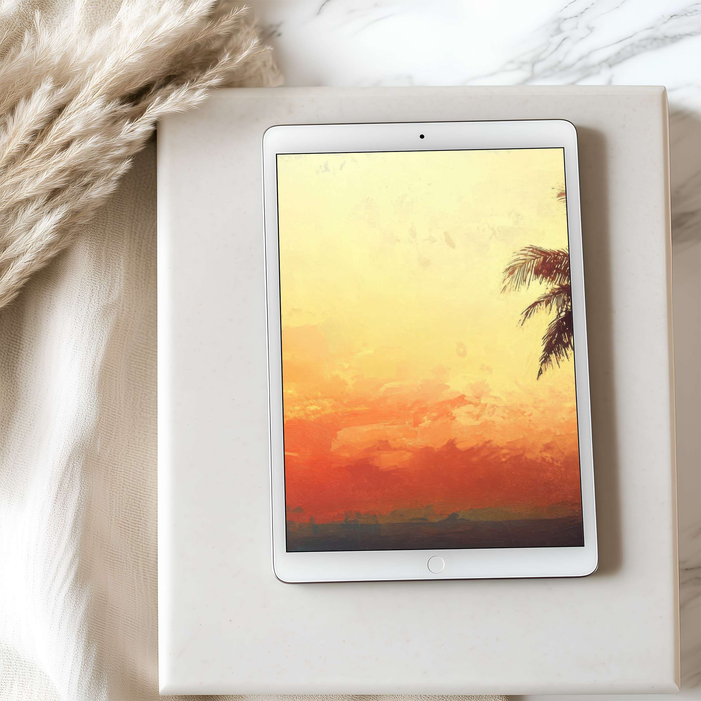 Elegant tablet wallpaper showcasing a serene sunset with palm silhouette, perfect for iPad and Android High resolution digital download