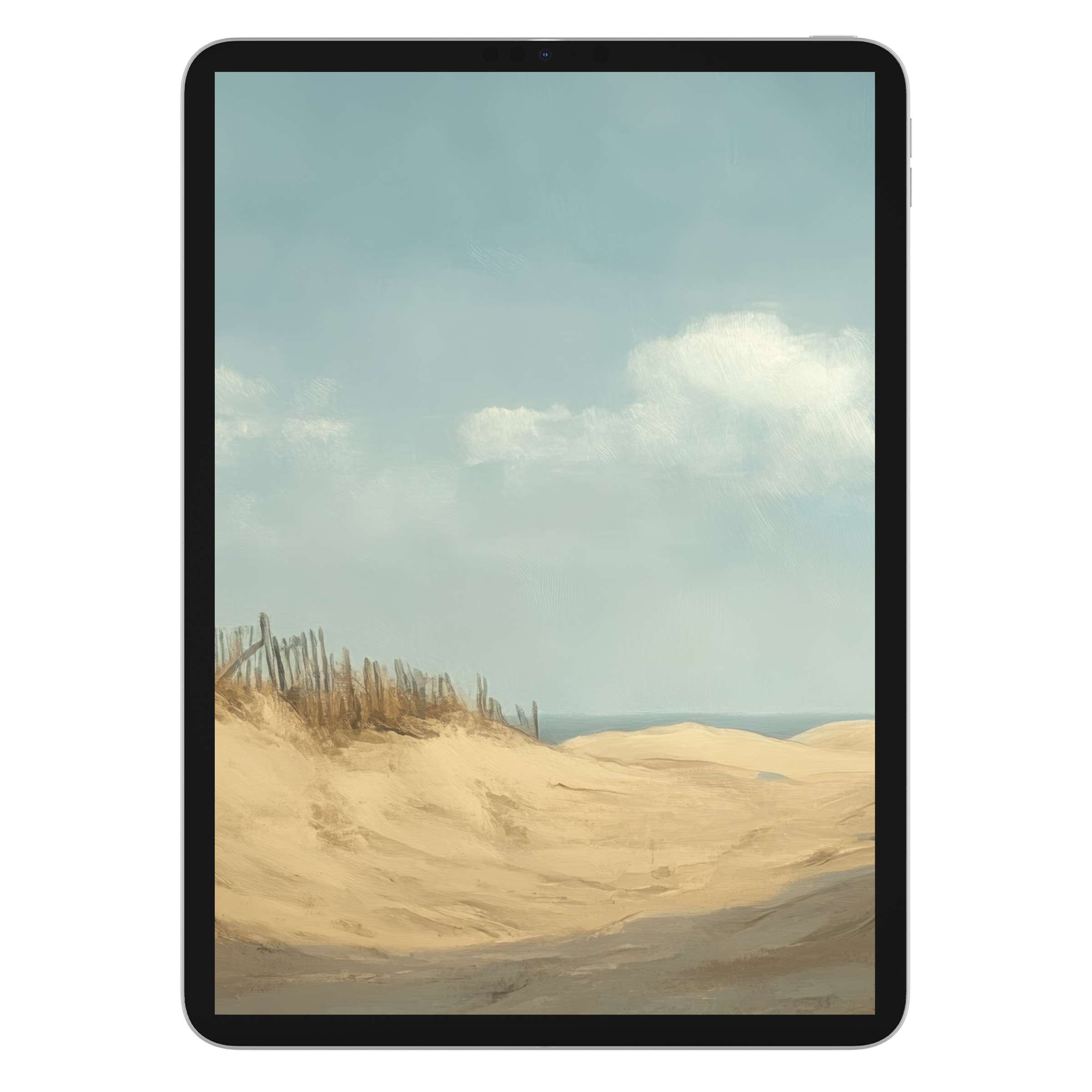 Tranquil beach iPad wallpaper with soft sand dunes and serene sky, ideal digital download background for tablets and calm design
