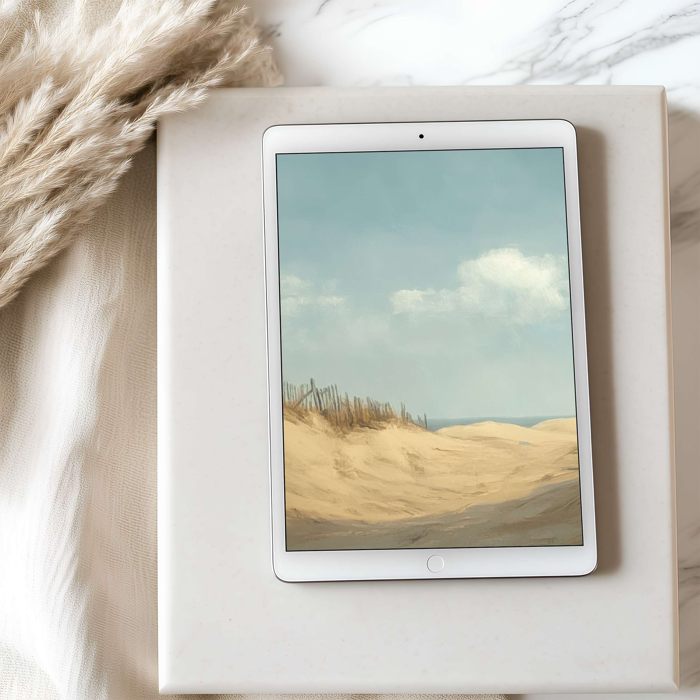 Tranquil sandy dunes and serene sky on a tablet wallpaper offer elegant high-resolution aesthetics for iPad and Android tablets