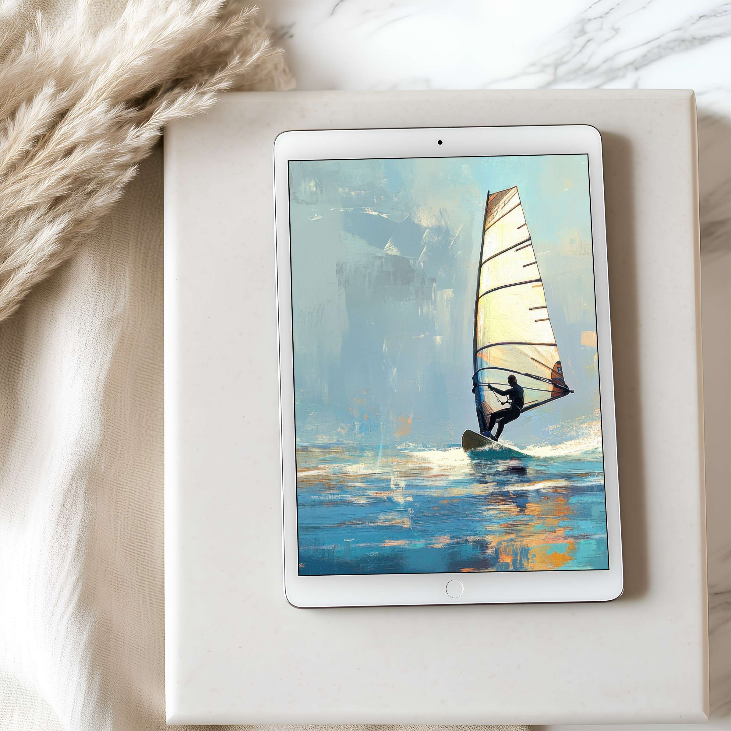 Elegant windsurfing tablet wallpaper with calming blue hues, perfect for high resolution iPad or Android, digital download for serenity
