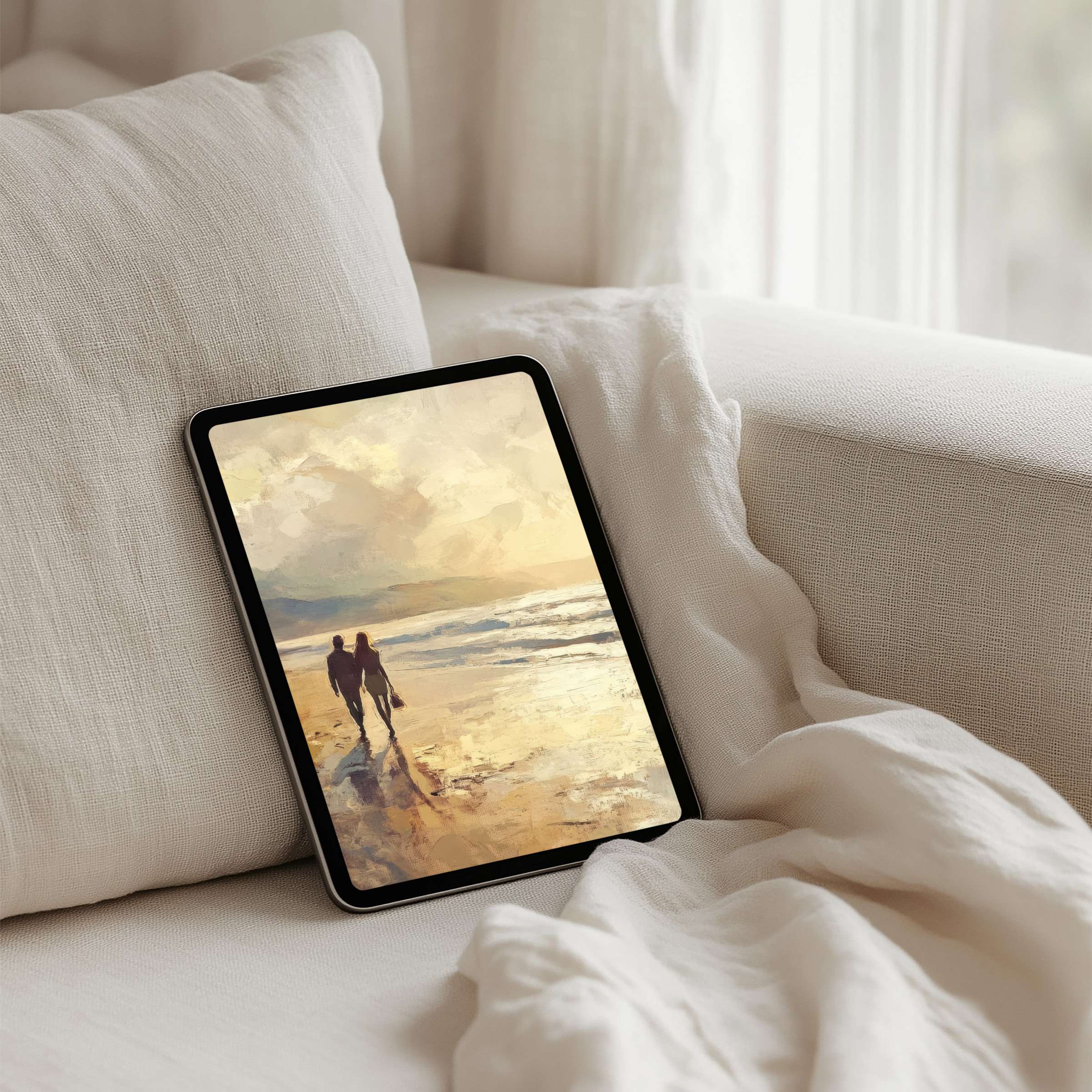 Serene beach watercolor on tablet offers an elegant iPad background for design-conscious users seeking inspiration through instant download