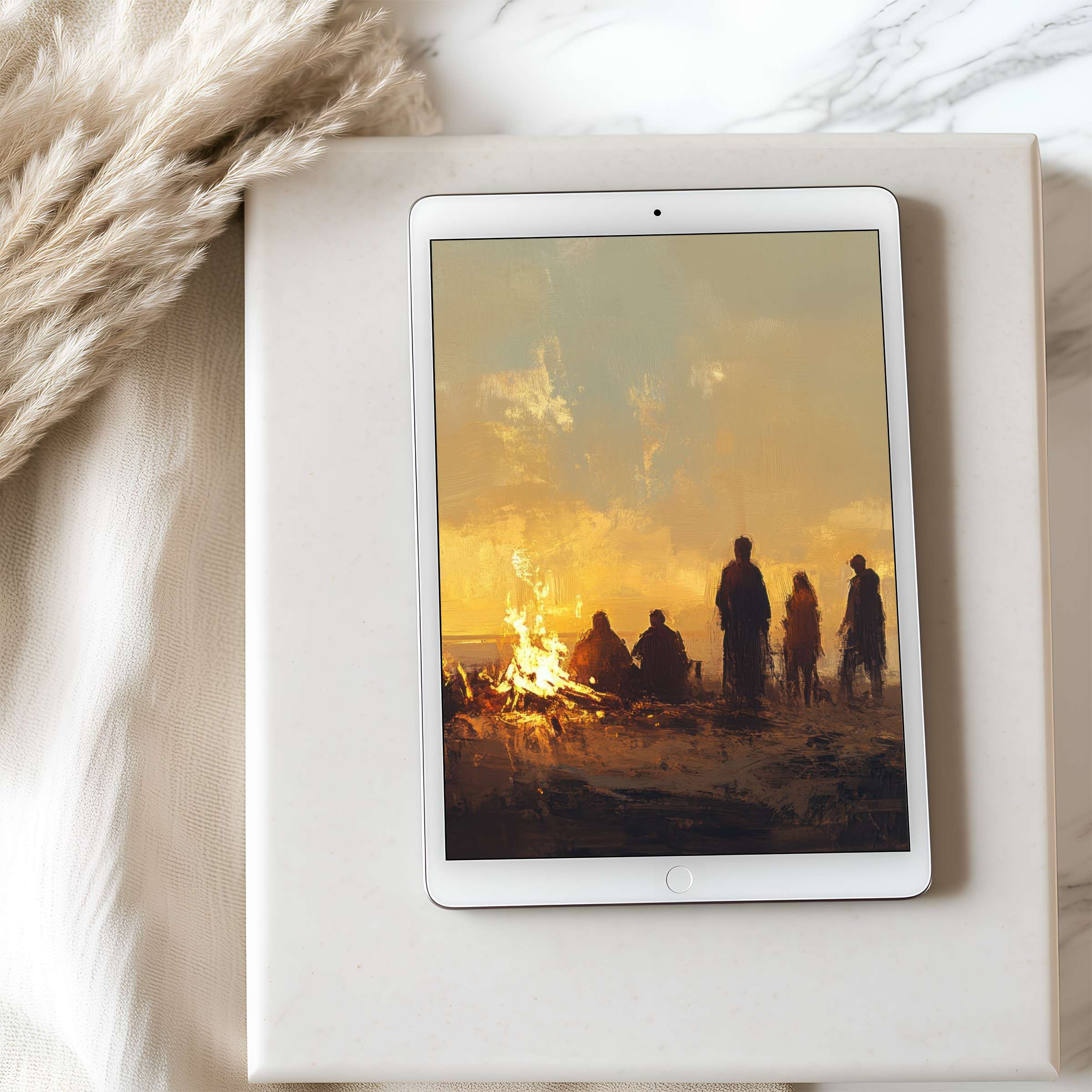 Warm, soothing tablet wallpaper featuring an abstract sunset beach scene with a bonfire, perfect for high-resolution iPad and Android screens