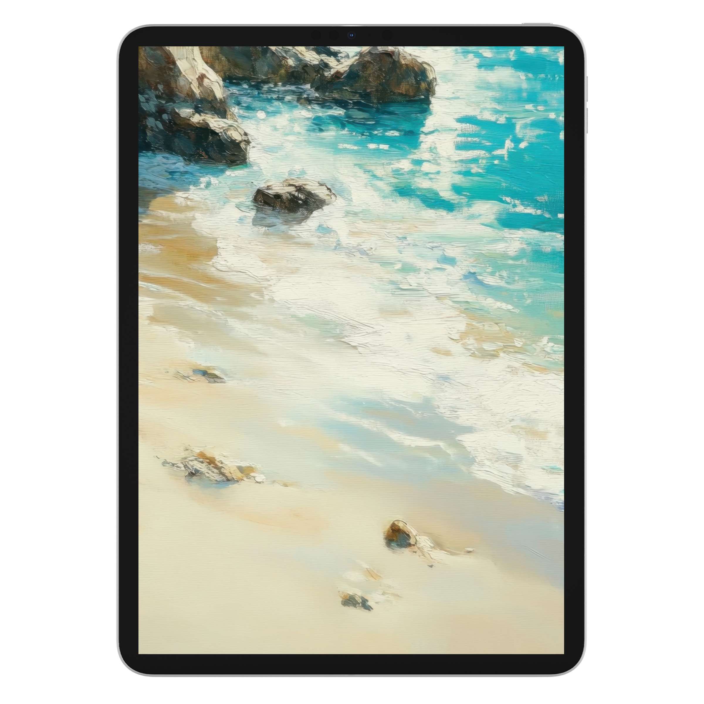 Serene beach iPad wallpaper with impressionistic waves and sandy textures captures calm, perfect digital download for tablet background use
