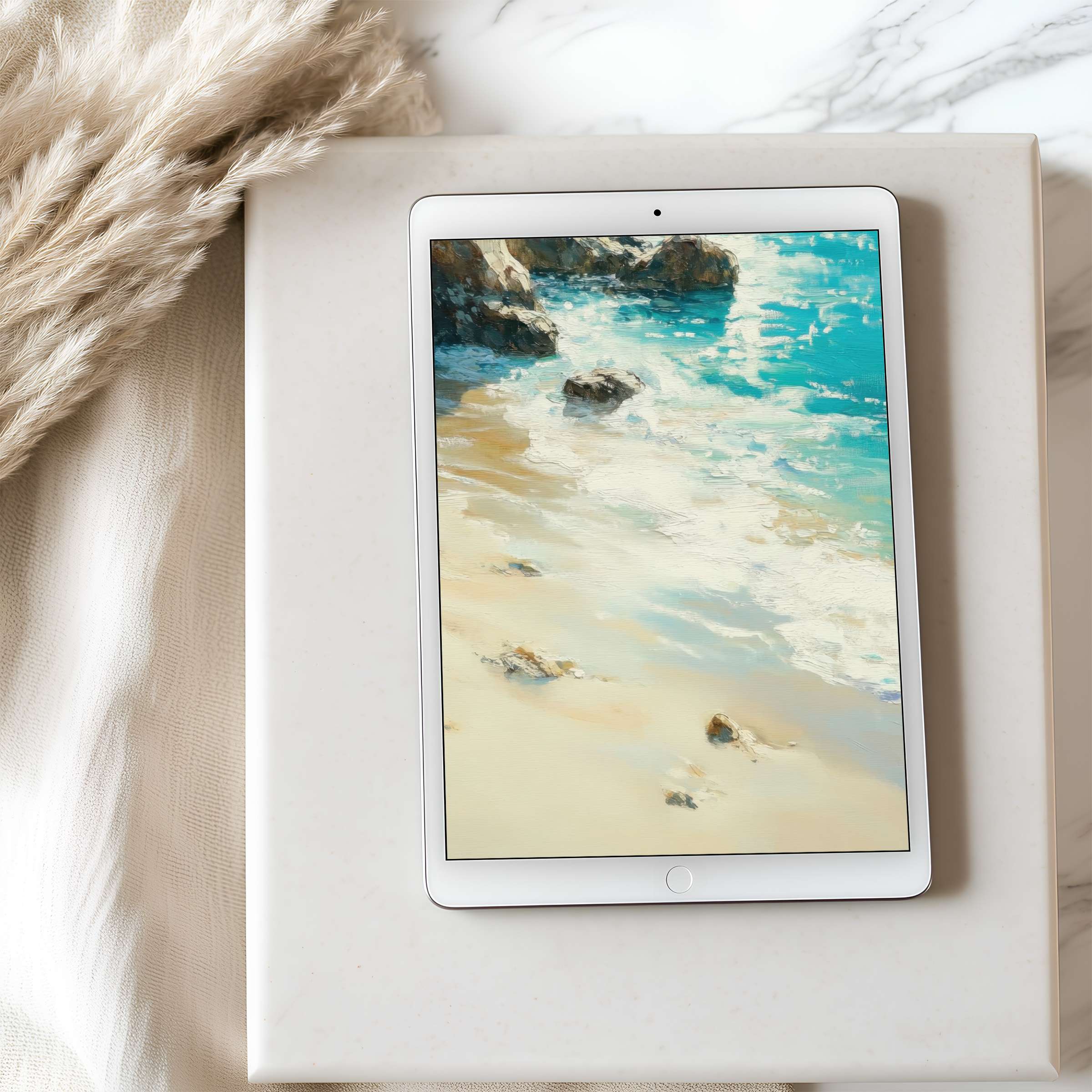 Elegant coastal art tablet wallpaper offers serene ocean hues perfect for iPad and Android tablets digital download in high resolution