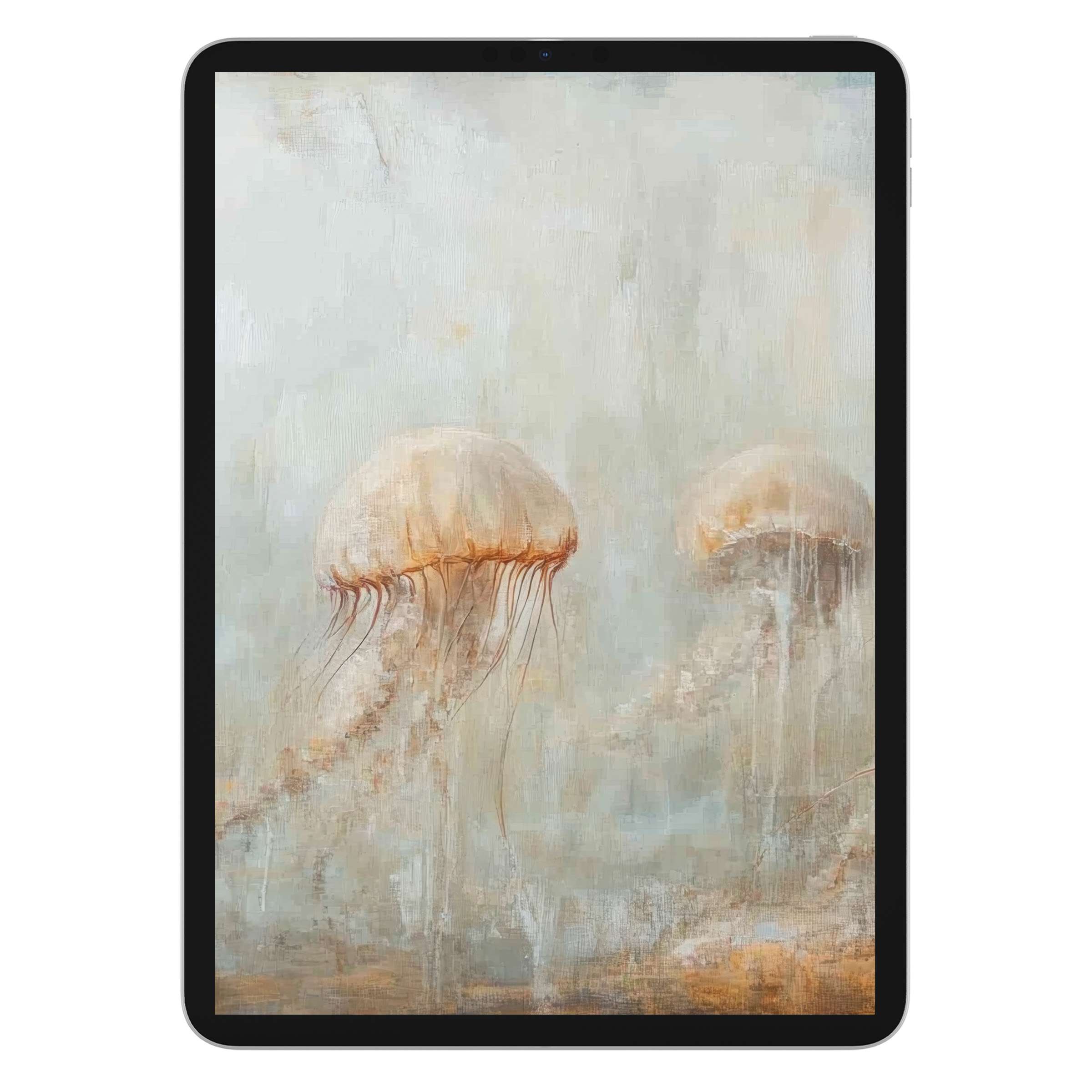 Ethereal jellyfish drift through a serene ocean scene, offering an elegant beach iPad wallpaper for tablet backgrounds via digital download