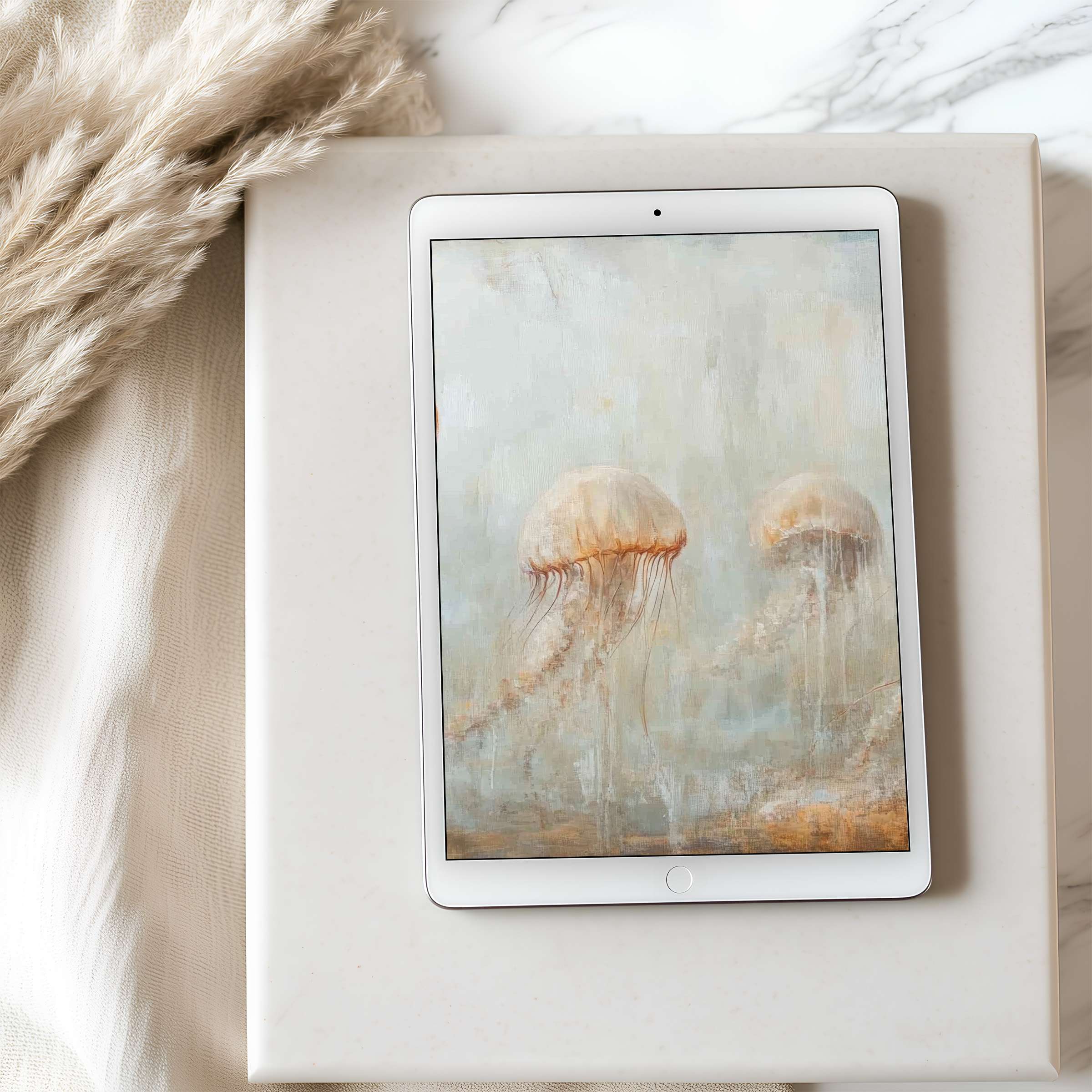 Jellyfish-themed tablet wallpaper in soothing pastels graces a sleek iPad, perfect for artful digital downloads and serene spaces