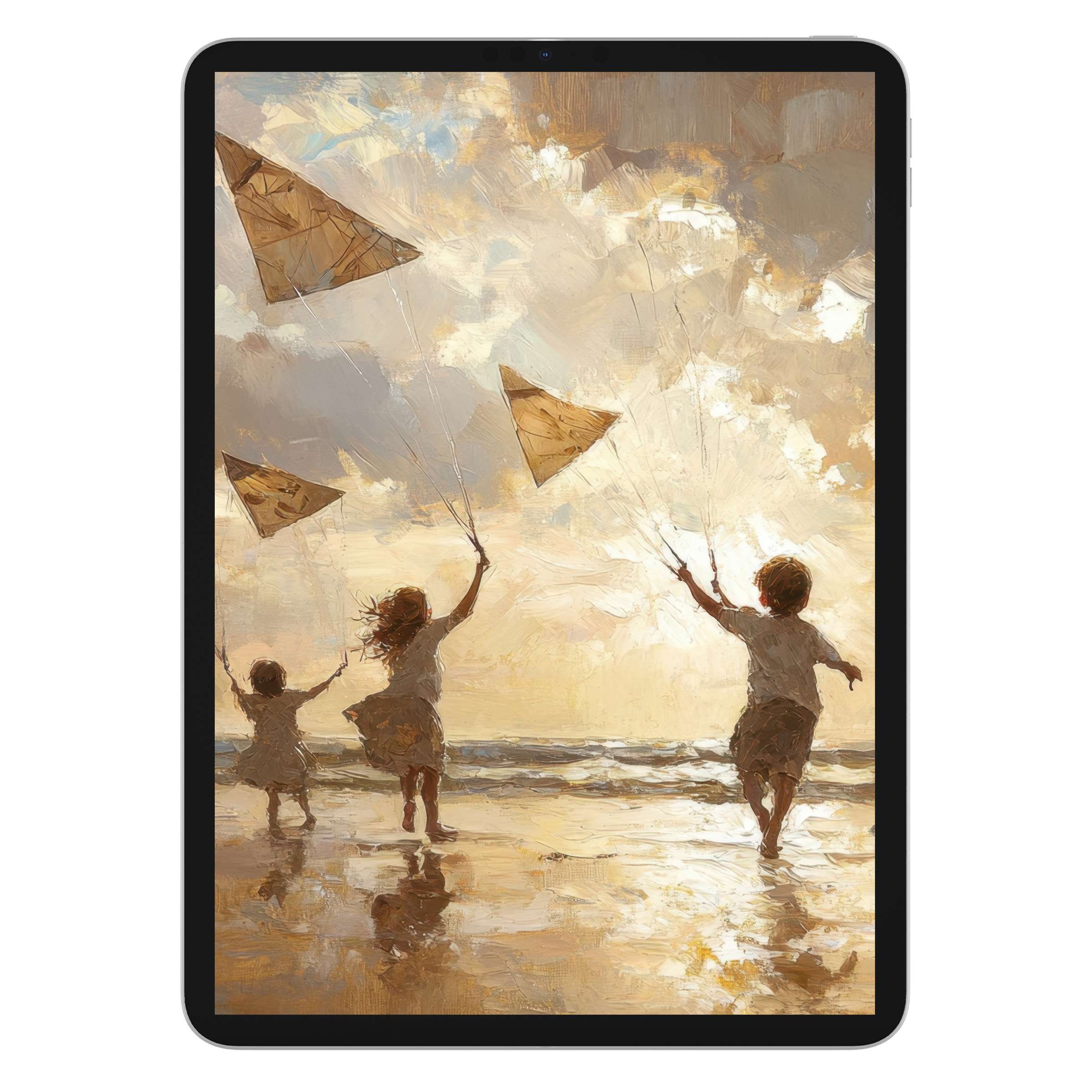 Inspiring beach iPad wallpaper with kids flying kites, perfect digital download background for any tablet evoking serenity and style