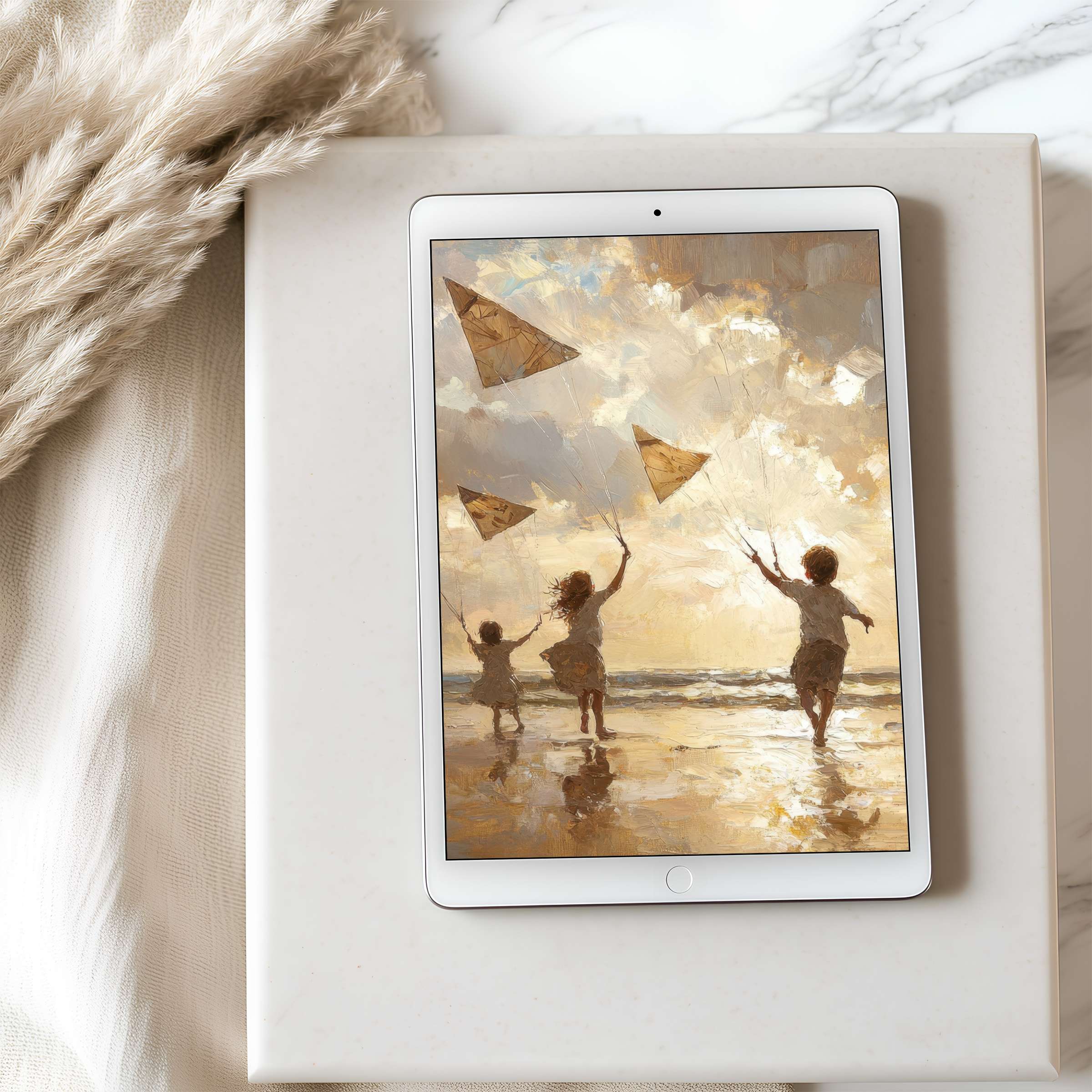Elegant tablet wallpaper featuring serene beach scene with children flying kites at sunset, perfect high resolution for iPad download