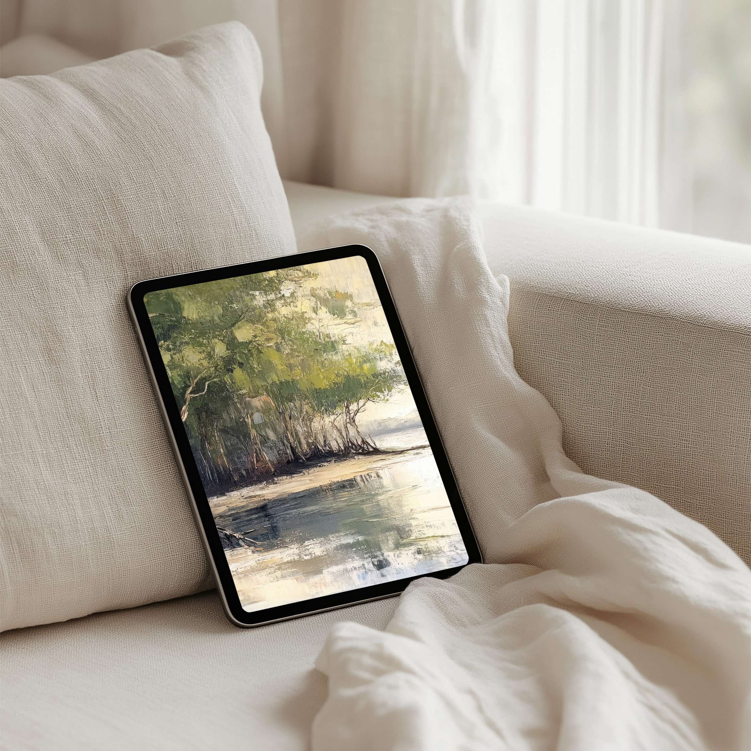 Calming, serene iPad background art with lush greenery, offering instant download for a perfect fit on any tablet device