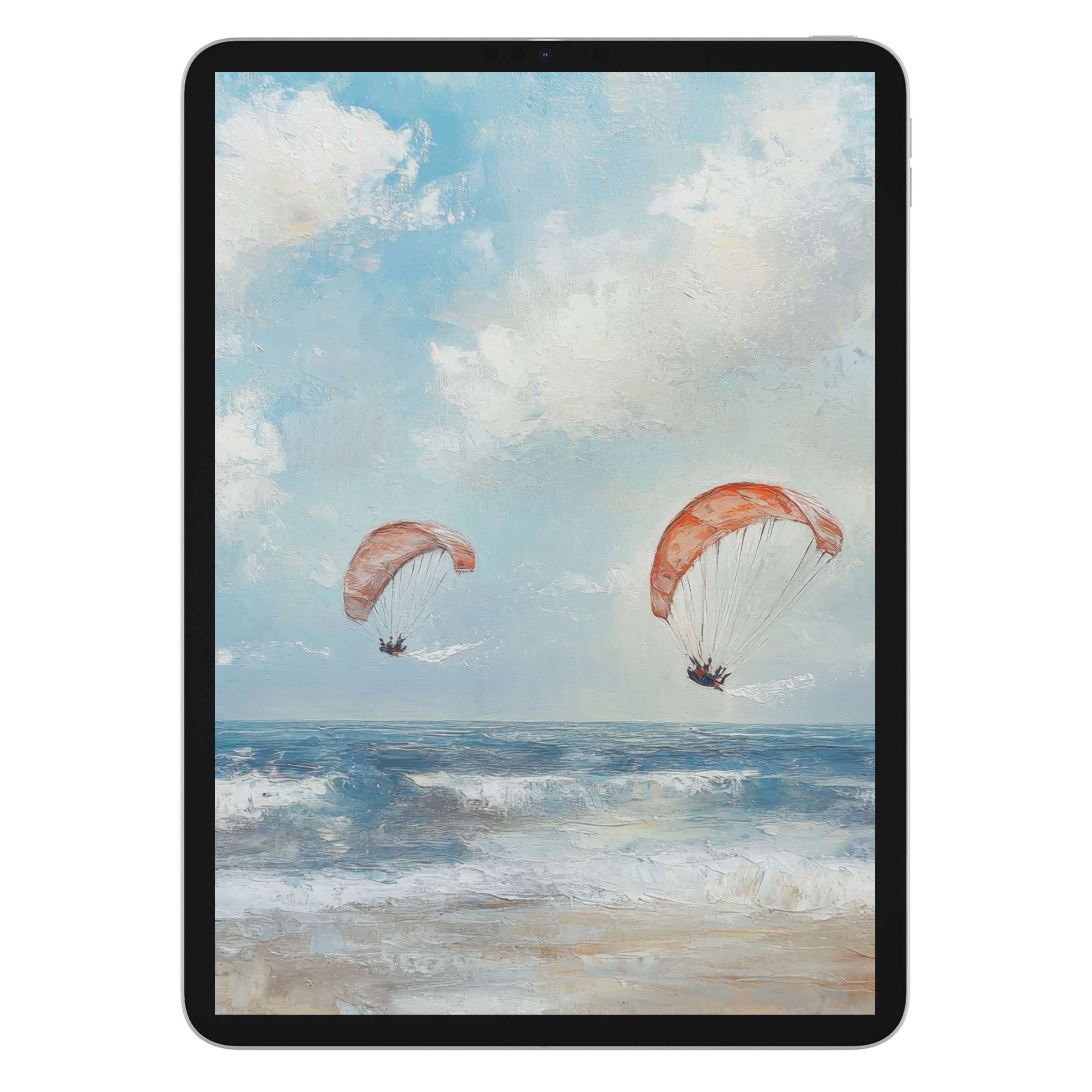 Beach iPad wallpaper featuring serene ocean waves and parasailers in pastel hues, perfect digital download for tablet background use